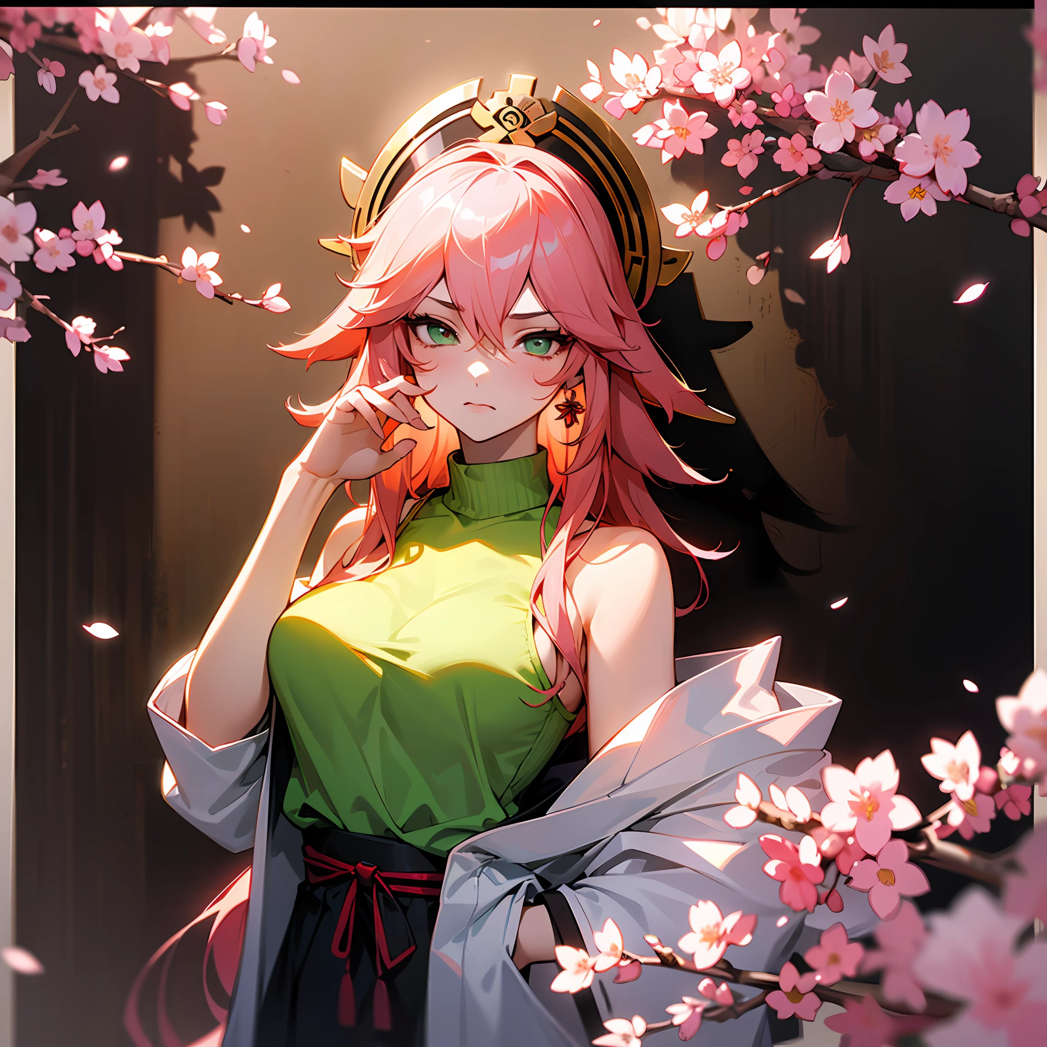 (Masterpiece, Excellent, 1girl, solo, complex details, color difference), realism, ((medium breath)), off-the-shoulders, big breasts, sexy, Yae Miko, long pink hair, red headdress, red highlight, hair above one eye, green eyes, earrings, sharp eyes, perfectly symmetrical figure, choker, neon shirt, open jacket, turtleneck sweater, against the wall, brick wall, graffiti, dim lighting, alley, looking at the audience, ((mean, seductive, charming)), ((cherry blossom background ))),((Japanese temple background)))), (((Glow-in-the-dark background))) --auto