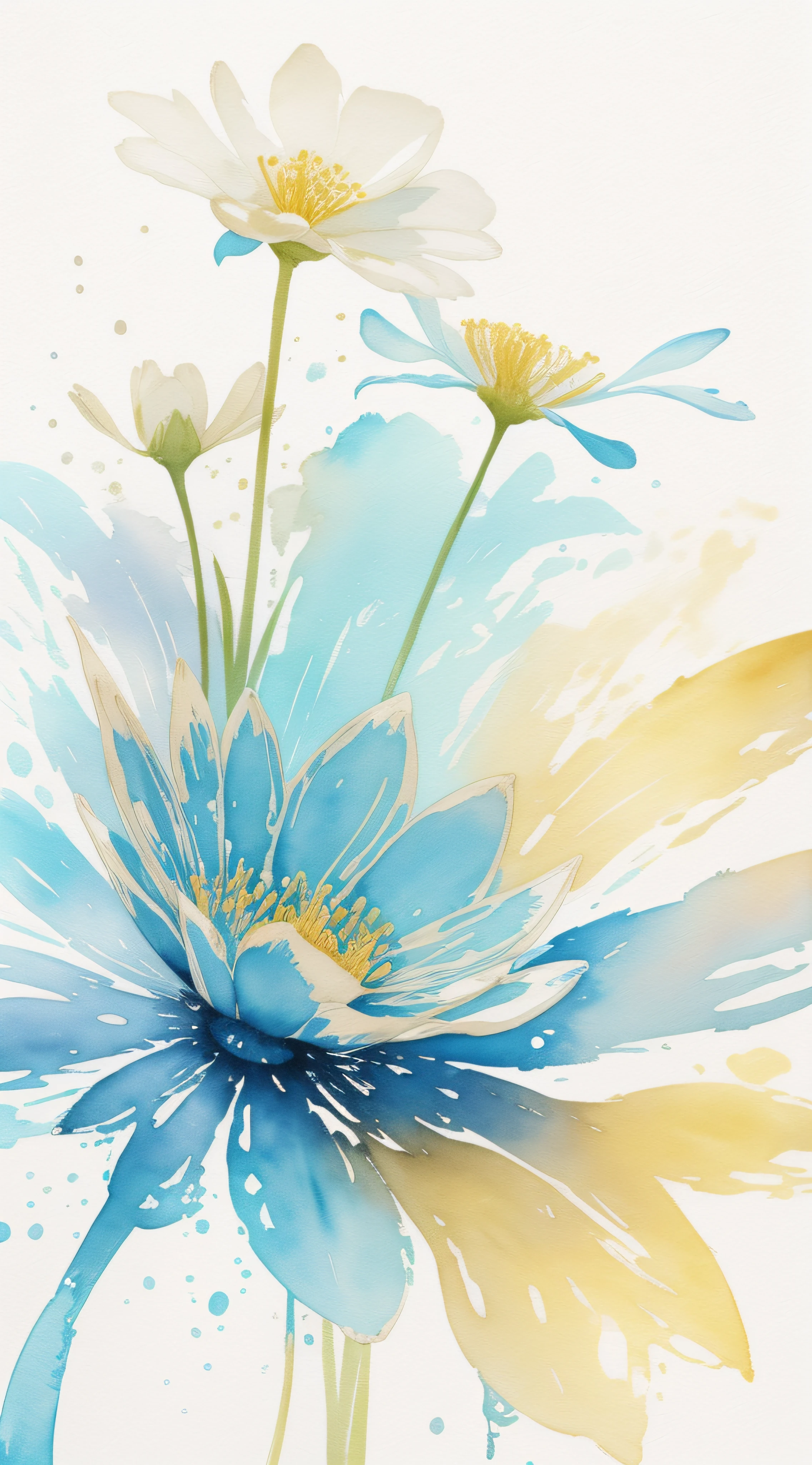 Watercolor flower painting isolated on white background、watercolor paiting、Splash technique to reproduce wet conditions、Blurry atmosphere、Unique composition、Abstract representation、Contains elements of surrealism、Pale tones、Pale blue and gold color scheme、high resolution details、Ink splash effect、Pale colors。