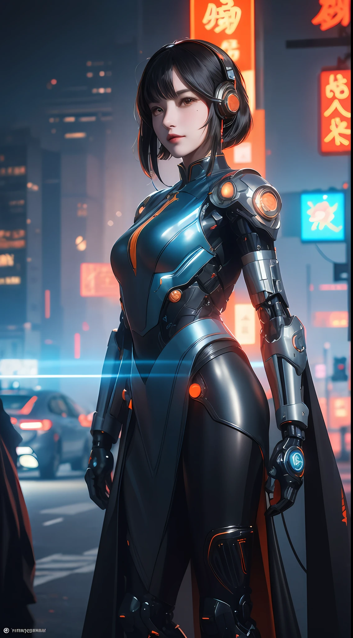1 girl, Chinese_clothes, metallic black titanium and orange, cyberhan, cheongsam, cyberpunk city, dynamic pose, detailed luminous headphones, glowing hair accessories, long hair, luminous earrings, glowing necklace, cyberpunk, high-tech city, full of mechanical and futuristic elements, futurism, technology, glowing neon, orange, orange light, fluorescent orange, skirt, cape, coat, laser, digital background, urban sky, big moon, with vehicle, best quality, masterpiece, 8K, Character edge light, super high detail, high quality, the most beautiful woman in human beings, slight smile, face facing front and left and right symmetry, ear decoration, beautiful pupils, light effects, visual data, pick and dye orange, dye hair, super detail facial texture, happy and proud, weapon system, mecha style, crowded street passers-by, mechanical wings, super light and shadow