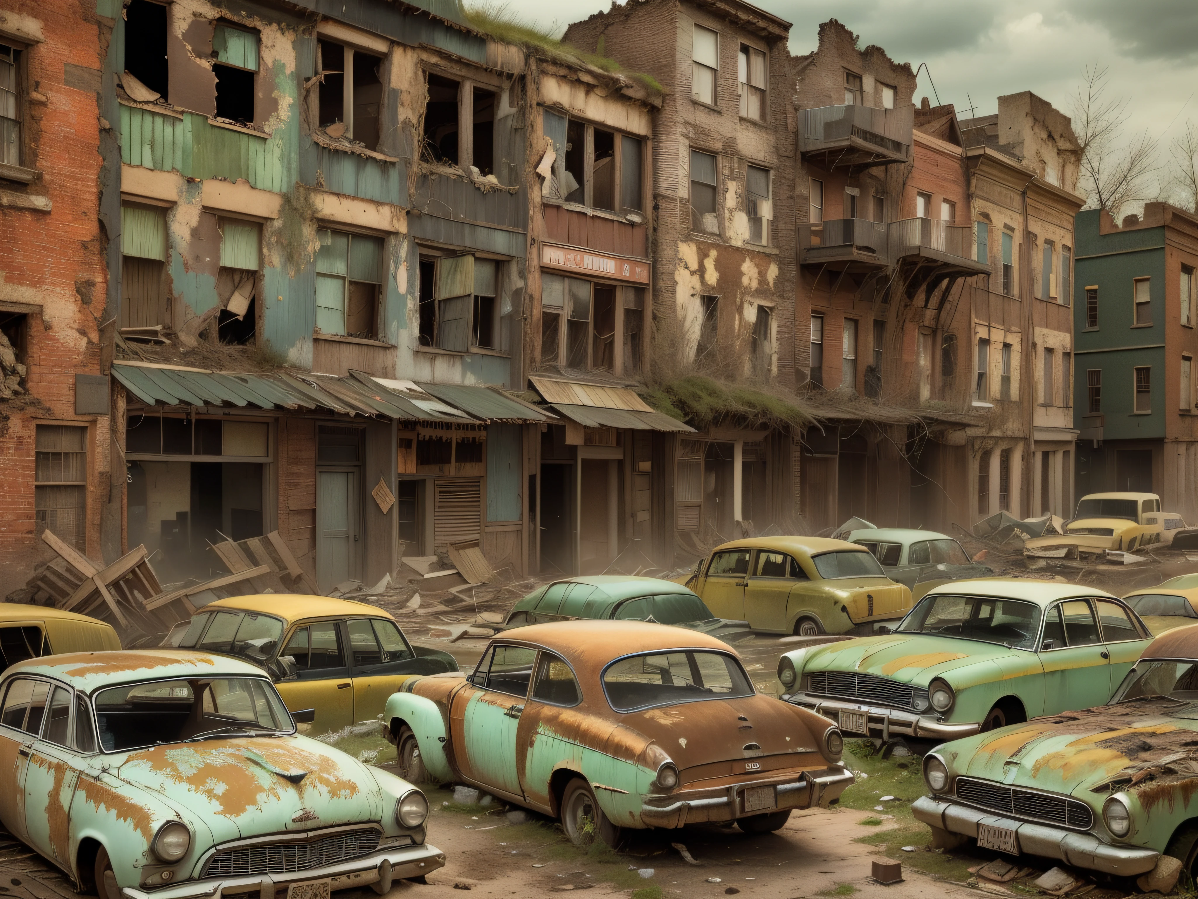 Create an image of a ghost town with rotted cars and outdated infrastructure along the walls. The scene should be filled with a sense of tragedy and sadness as visitors imagine a city that once thrived.