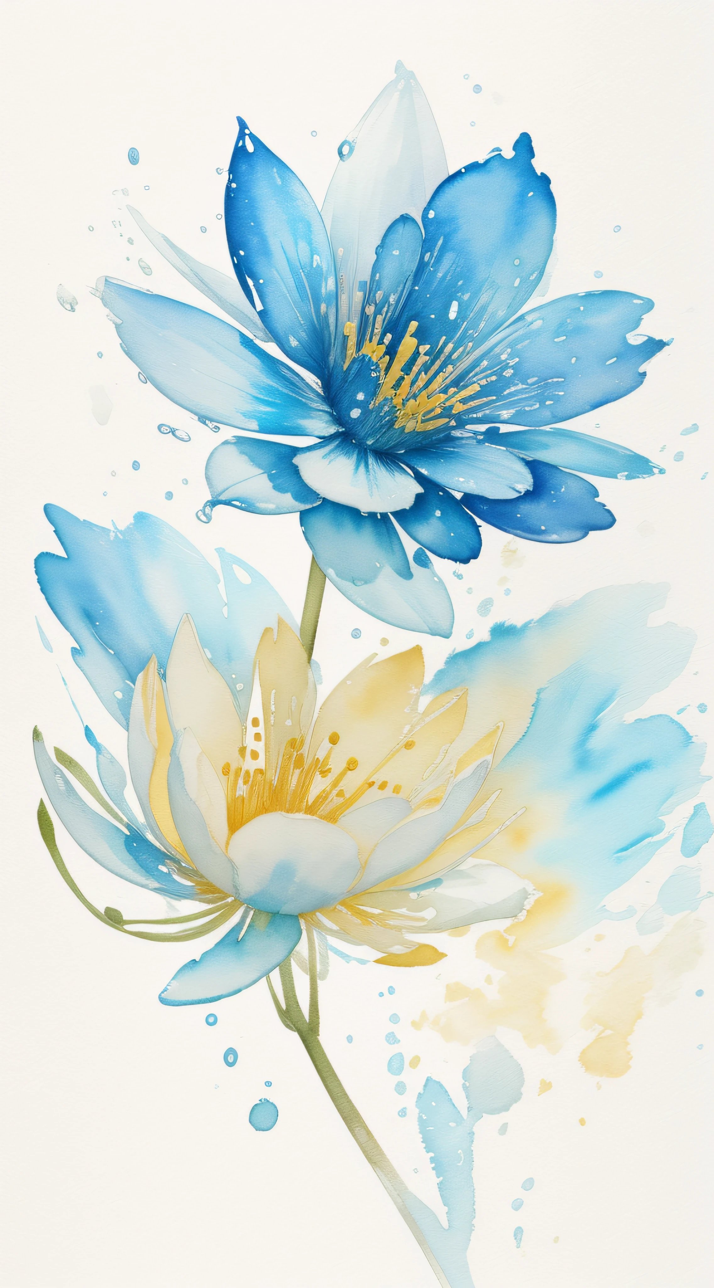Watercolor flower painting isolated on white background、watercolor paiting、Splash technique to reproduce wet conditions、Blurry atmosphere、Unique composition、Abstract representation、Contains elements of surrealism、Pale tones、Pale blue and gold color scheme、high resolution details、Ink splash effect、Pale colors。
