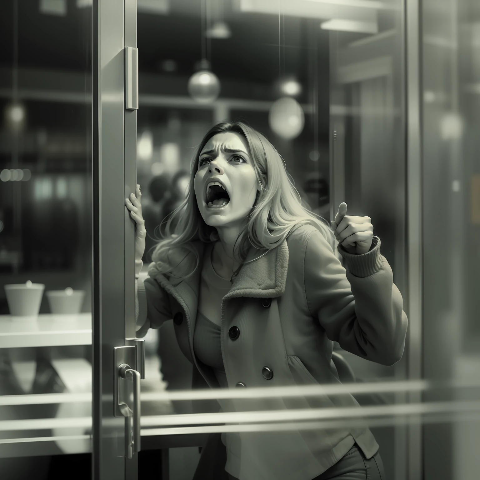 30 years old woman, knocking on the glass door of a restaurant wanting to leave, screaming, expression of despair and fear
