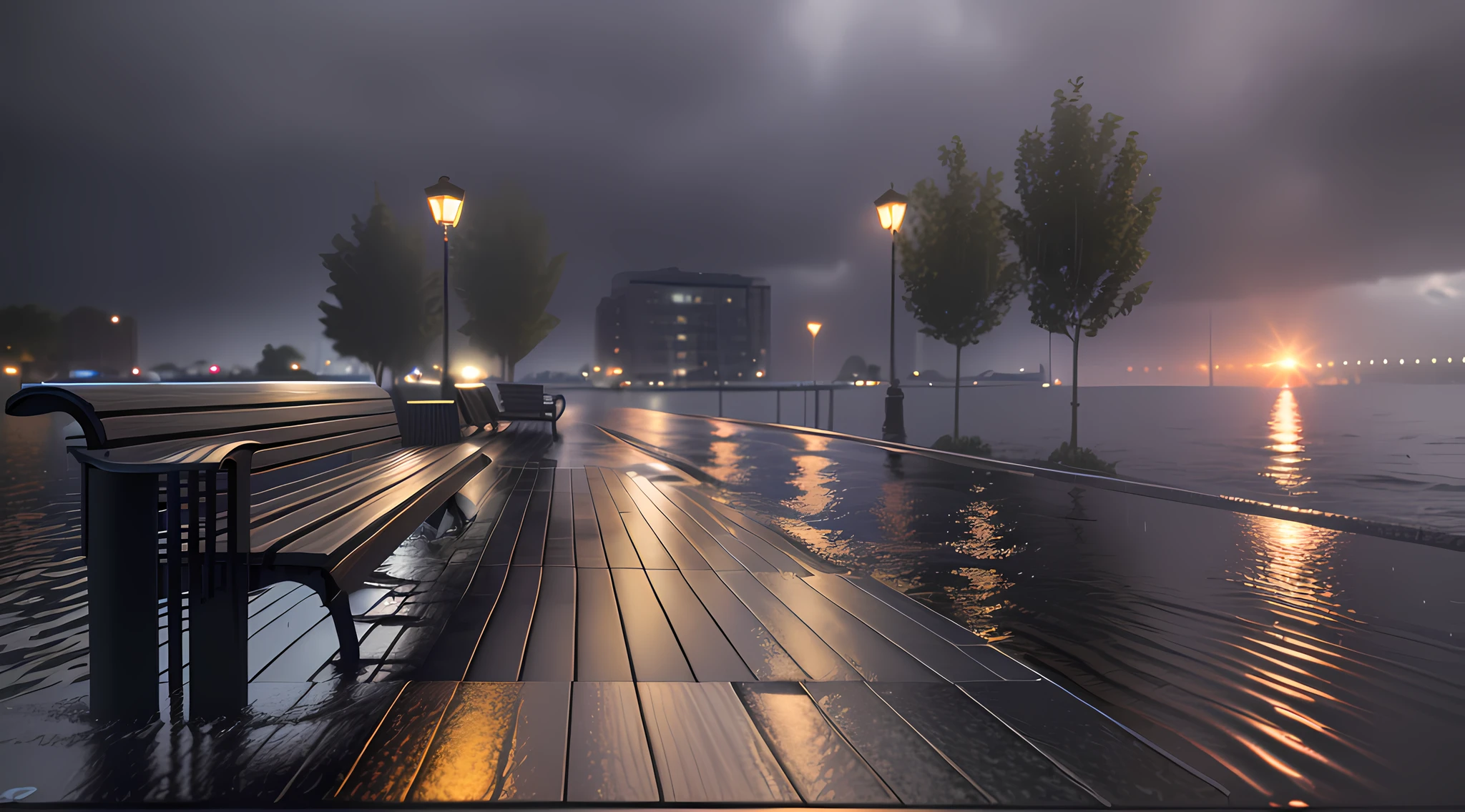 There is a bench sitting by the water, photorealistic streetscape, rendered in povray, perspective 3 d octane render, Realistic. rendering by octane, Volumetric rendering, atmospheric render, photoreal render, rainy days. game render, very realistic 3 d render, rendered in vray, rendered in unreal engine 3d