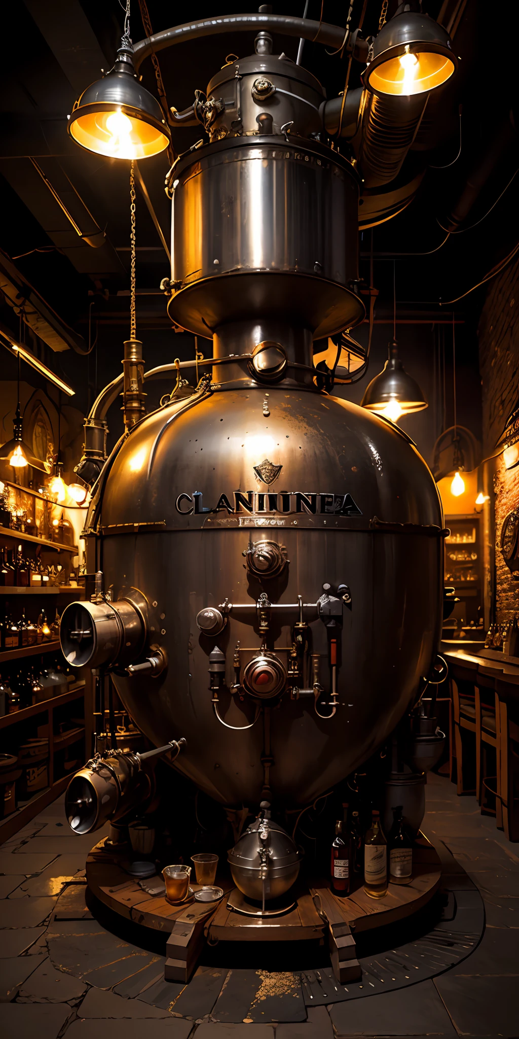 obra maestra, artefacto destilador de whiskey,  taberna clandestina, Steampunk moonshine whisky intrincada maquinaria,  realista, hermoso, Neon Noir Lighting, Kinematic, Epic Quality