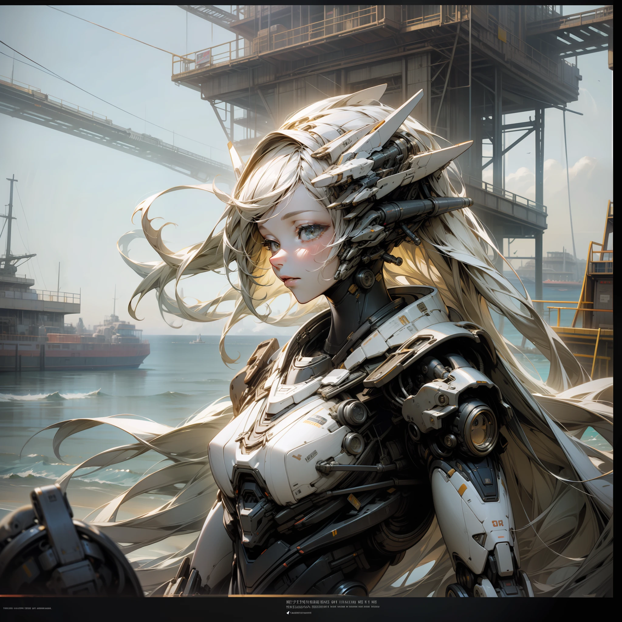 top-quality、delicated face、The upper part of the body、25 year old robot girl、Slim body、Mechanically、a large bust、Metal structural skeleton、sea side、the beach、huge spaceship floating in the air、cyberpunked、nffsw、portraitures、looking at the viewers