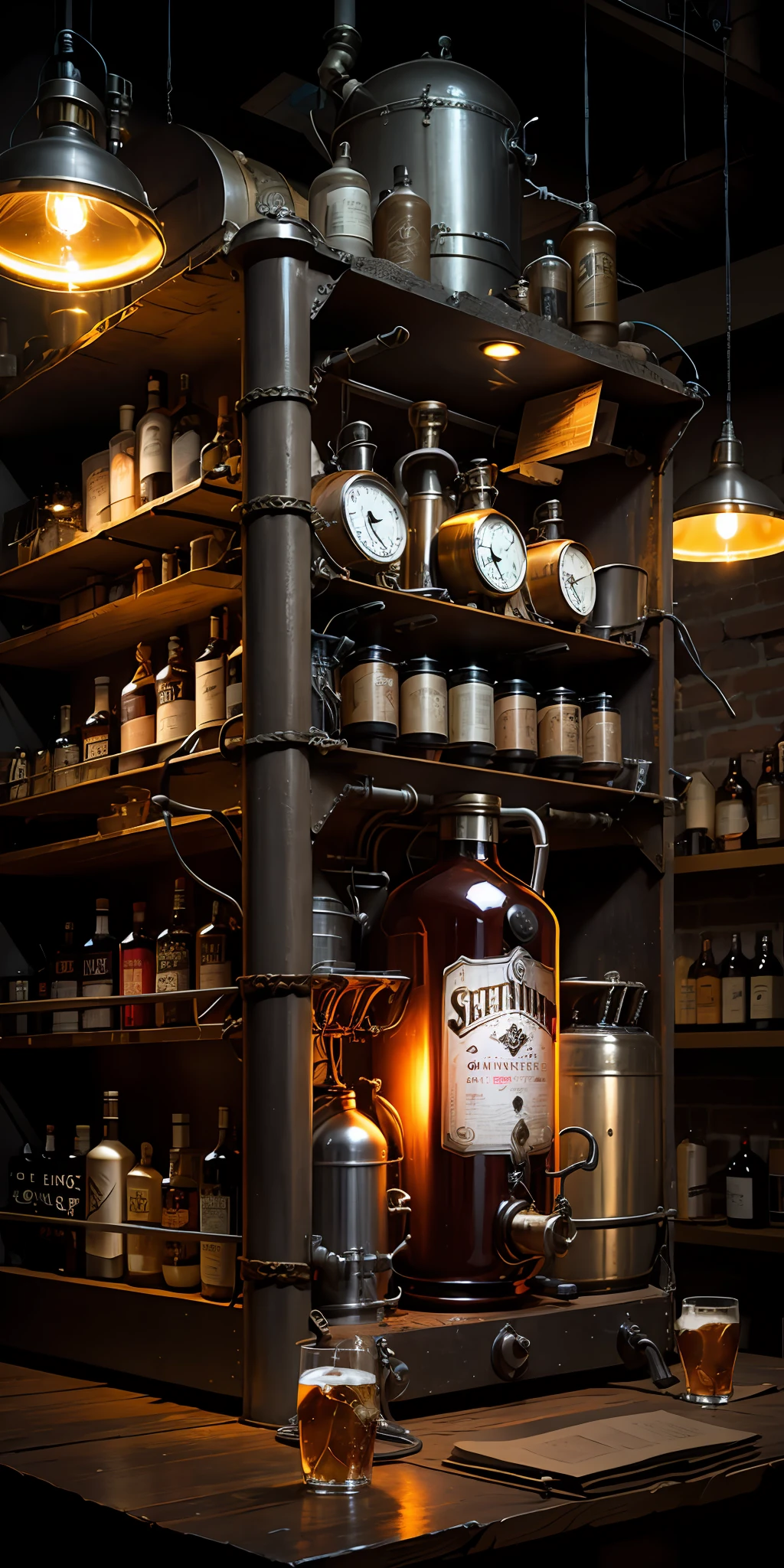 obra maestra, artefacto destilador de whiskey,  taberna clandestina, Steampunk moonshine whisky intrincada maquinaria,  realista, hermoso, Neon Noir Lighting, Kinematic, Epic Quality