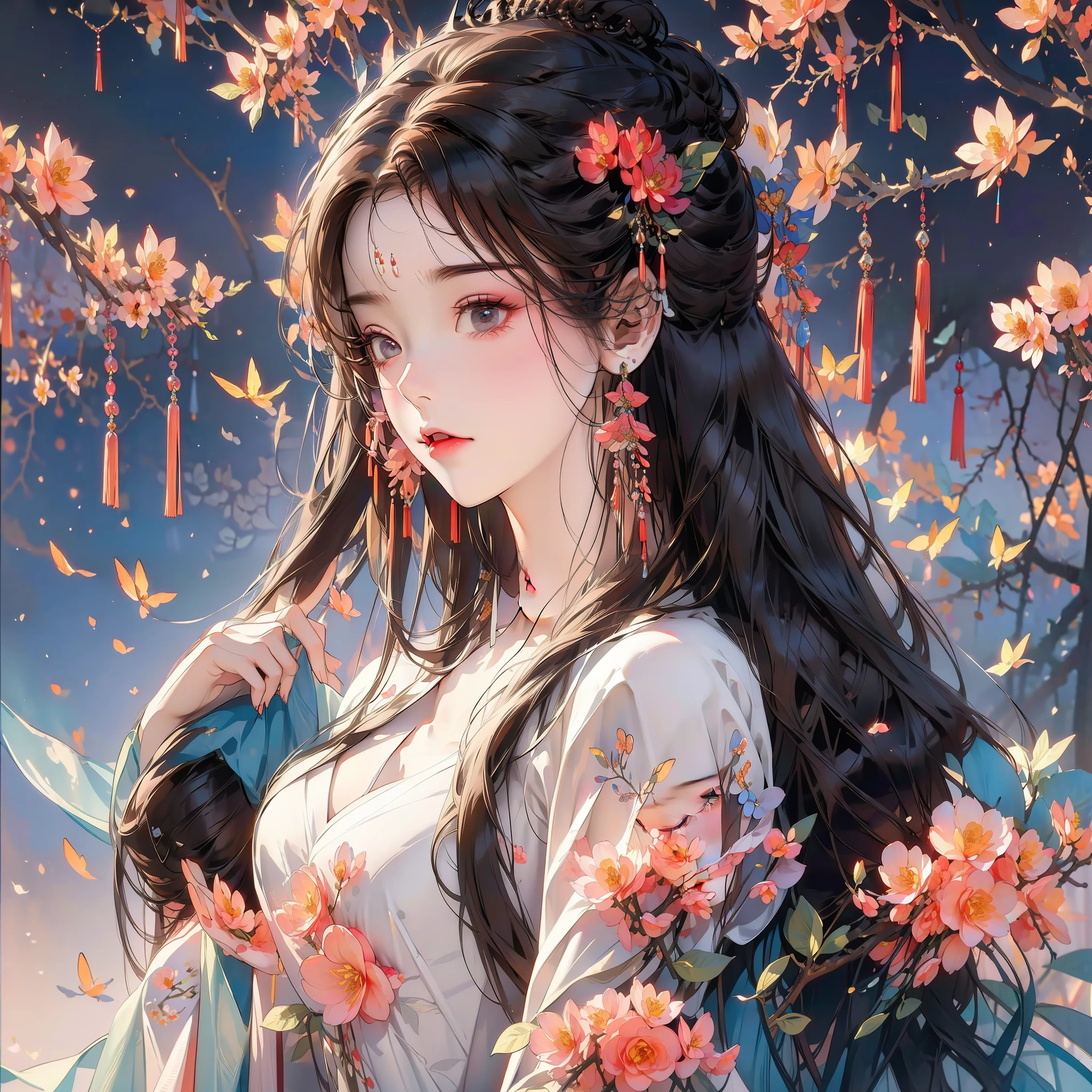 Excellent image quality,Ultra-clear image quality,Top-down perspective,Red wedding dress,cabelos preto e longos,Under the peach blossom tree,A lot of flowers are falling,Raise your hand to pick up peach blossoms,Side face,Tassel earrings,There are tears