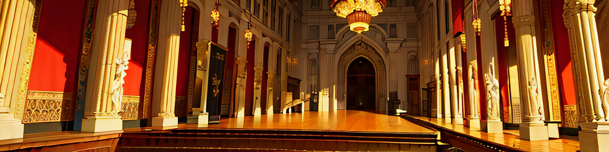 (best quality,masterpeace),wide shot,
A grand hall, dripping with Gothic opulence and draped in silk banners bearing ancient sigils, intricately carved masks, adorned with glistening black jewels, sinister elegance, blood-red velvet, flickering candlelight
,(perfect composition, best exposition, golden ratio)
, muted color, dramatic,cinematic lighting, trending on artstation,trending on CGSociety,immense detail,