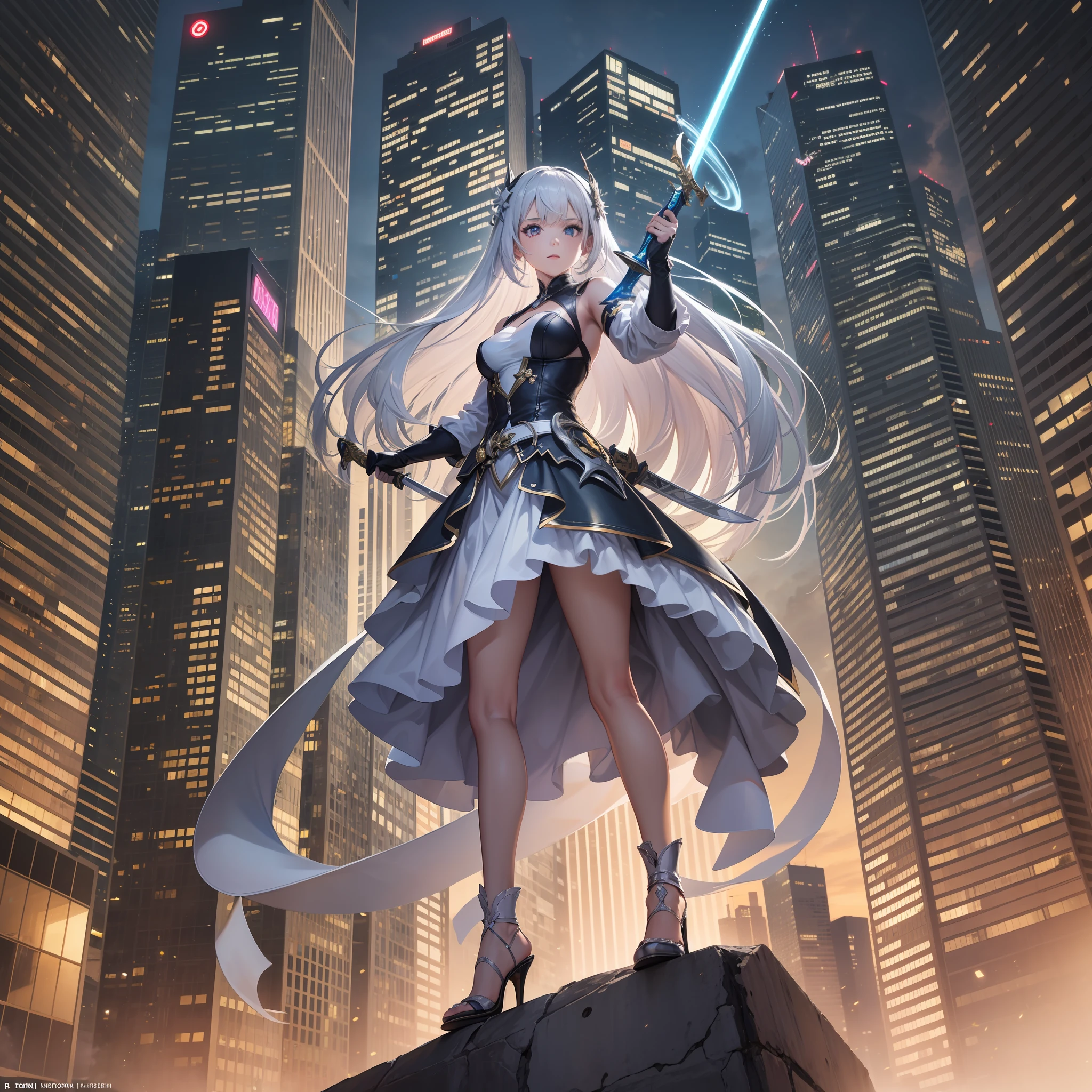 tmasterpiece,best qualtiy)),illustratio,Ultra-detailed 8K,Photorealsitic,Clear focus,A highly detailed,Professional lighting,Colorful Detailed,Super long shot of rainbow colors of the city,with light glowing,Complicated details,The woman stands in front of the audience(tmasterpiece,best qualtiy:1.4),lightpainting,(Long exposure:1.2),dynamic streaks,Luminous trajectory,vivd colour,Smooth movement,Charming Patterns,rays of sunshine,(1 girl),(Skirt with white silver trim:1.3),(high-heels:1.2),Below is a girl with silver-white drifting long hair,Stand on the roof of a skyscraper,Holding the sword of the future world in his hand,Behind is the city of the future,Above is a flying dragon,Holding the sword of the future world in his hand