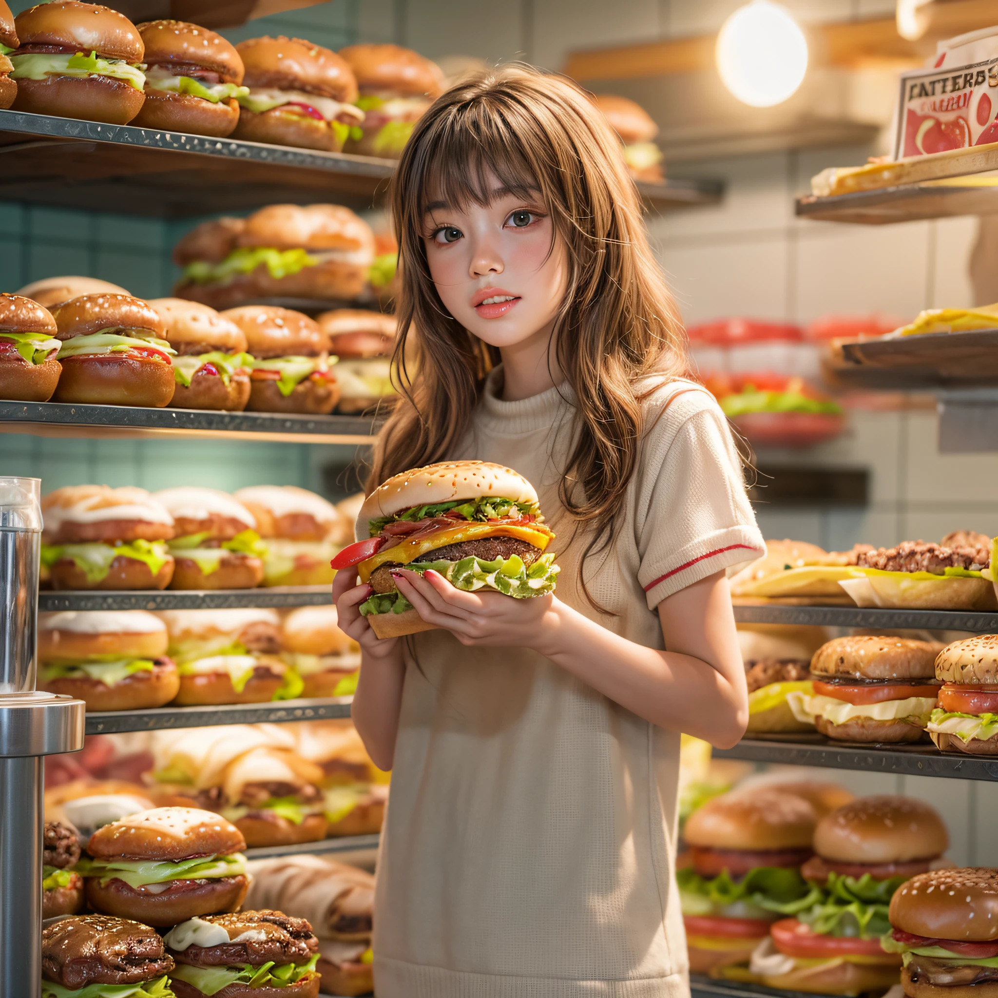 arafed girl holding a hamburger in front of a shelf of hamburgers, super realistic food picture, realistic anime 3 d style, eating burgers, realistic anime artstyle, realistic art style, anime food, girl in real life, realistic, serving burgers, realistic young girl, eating a burger, photorealistic girl ,