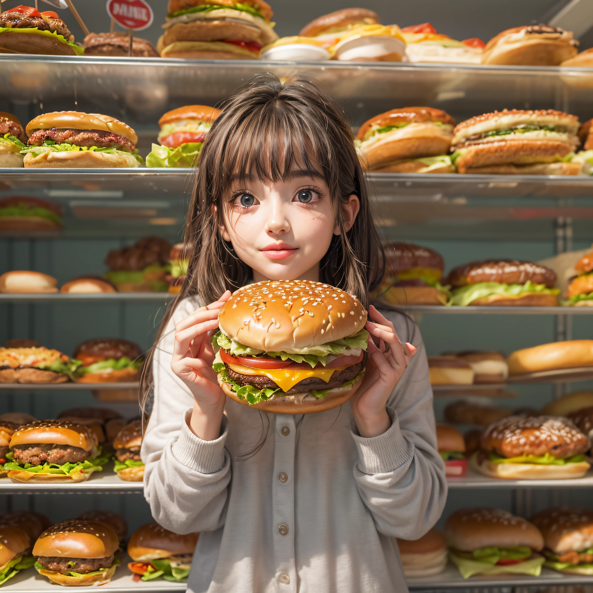 arafed girl holding a hamburger in front of a shelf of hamburgers, super realistic food picture, realistic anime 3 d style, eating burgers, realistic anime artstyle, realistic art style, anime food, girl in real life, realistic, serving burgers, realistic young girl, eating a burger, photorealistic girl ,