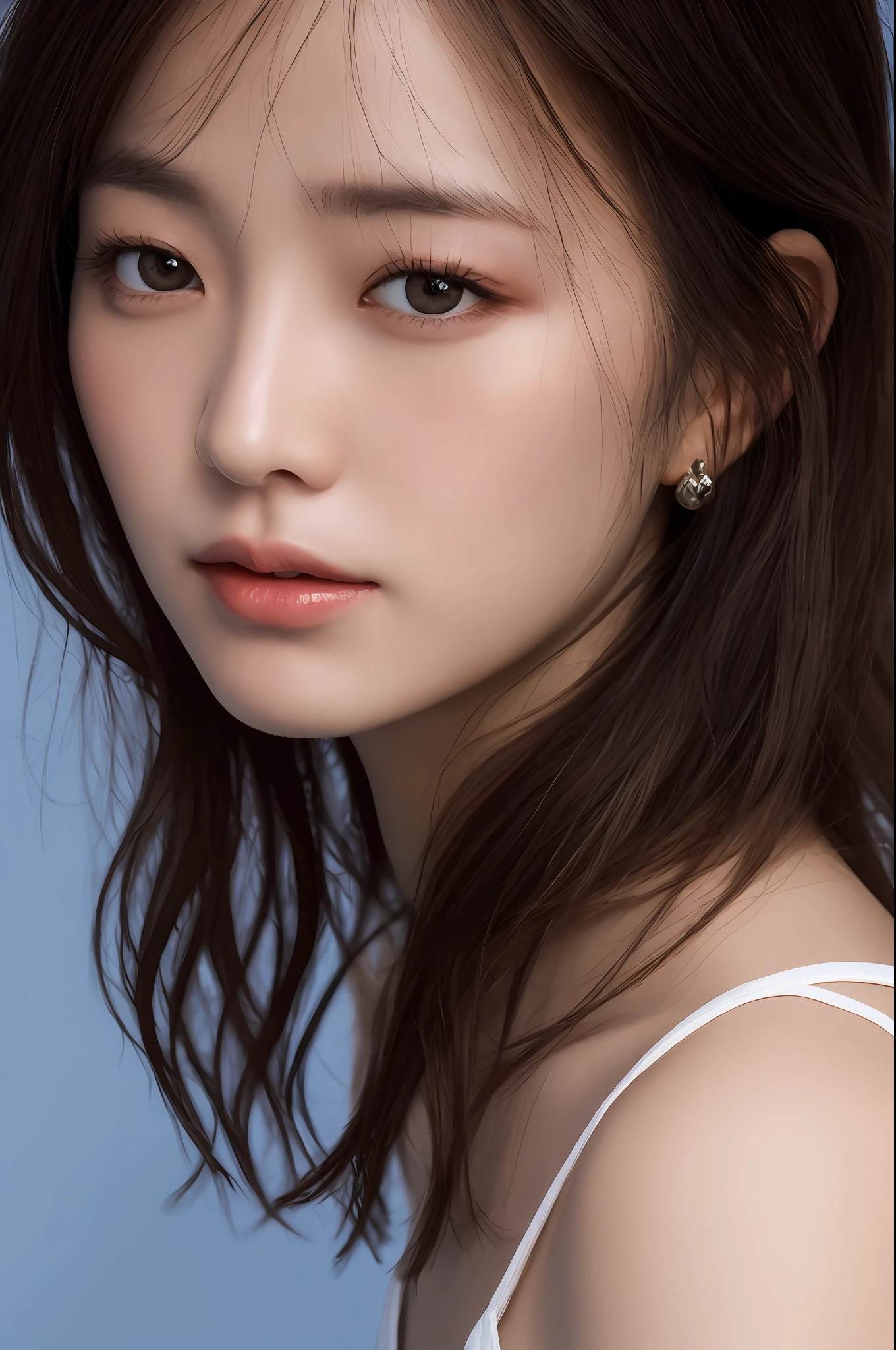 (detailed and realistic portrait of a girl with a clean face), (round eyes and long flutters hair shot outside),staring at camera,magical photography, dramatic lighting, photo realism, ultra-detailed,
intimate portrait composition, (centered image composition),(close up shot:1.6),best quality,f/1. 8, 85mm,
(28years asian woman), black_hair,(black_eyes:1.2),(bangs),makeup,white_dress,
(hazy blue_sky_background)