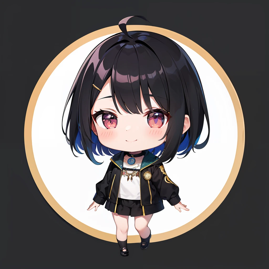 超A high resolution, nffsw, Best aesthetic, Best Quality, masutepiece, Flat Avatar, Perfect litthing、(colourfull、vivd colour: 1.4)、Ahoge、full body Esbian, Has iridescent hair, Shorthair、 is shy, A smile, I'm wearing a jacket。hair adornments, Chibi, simple background, 耳环, jewely, side locks, large oval eyes,Flat Avatar, simple background, A dark-haired,