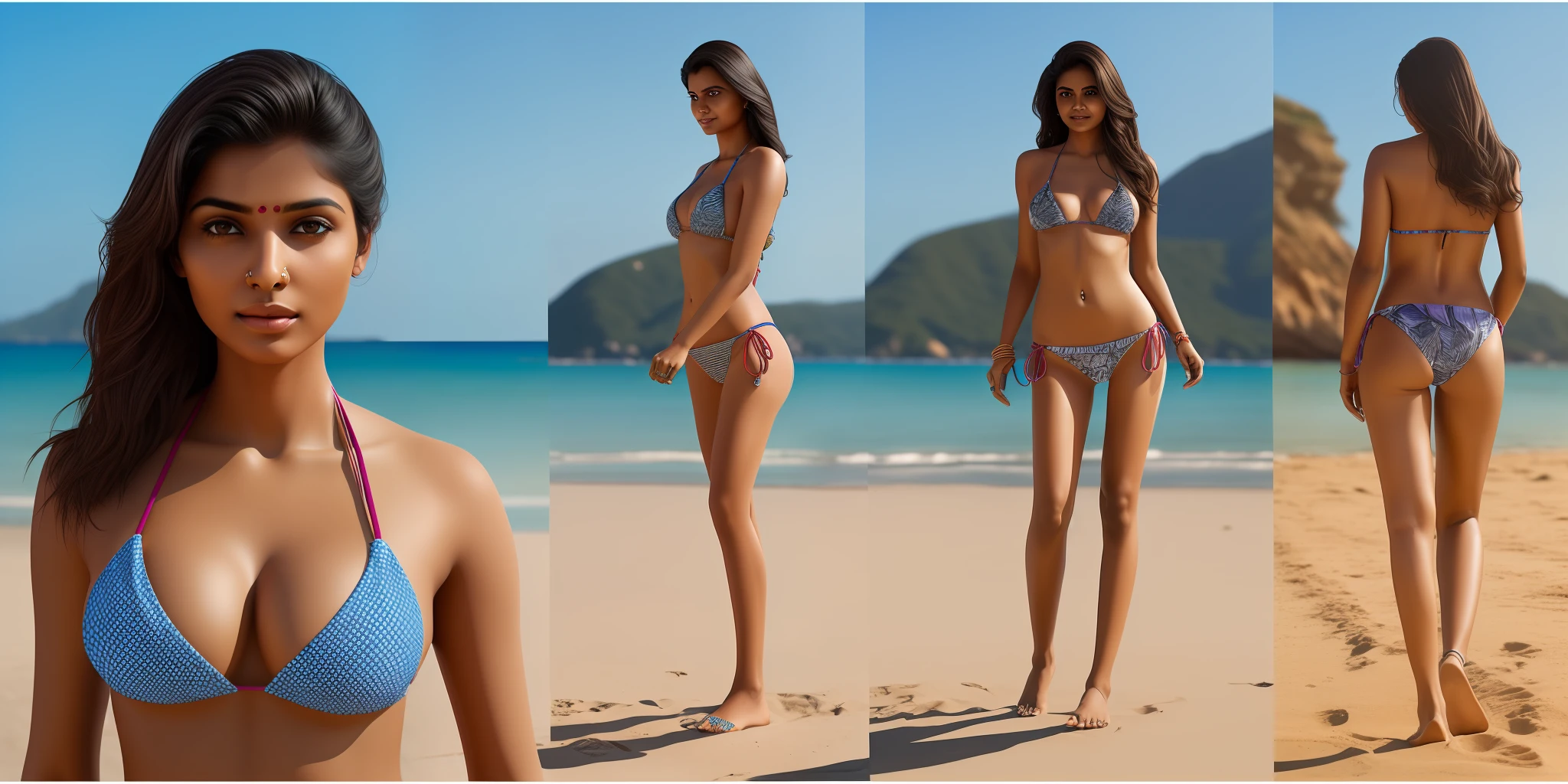 Indian woman wearing a bikini, on a beach,(photorealistic:1.4),(anatomically correct:1.4)