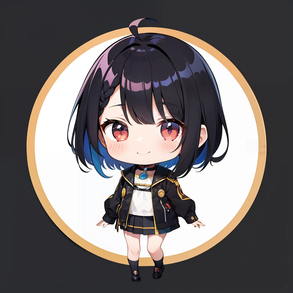 超A high resolution, nffsw, Best aesthetic, Best Quality, masutepiece, Flat Avatar, Perfect litthing、(colourfull、vivd colour: 1.4)、Ahoge、full body Esbian, Has iridescent hair, Shorthair、 is shy, A smile, I'm wearing a jacket。hair adornments, Chibi, simple background, 耳环, jewely, side locks, large oval eyes,Flat Avatar, simple background, A dark-haired,