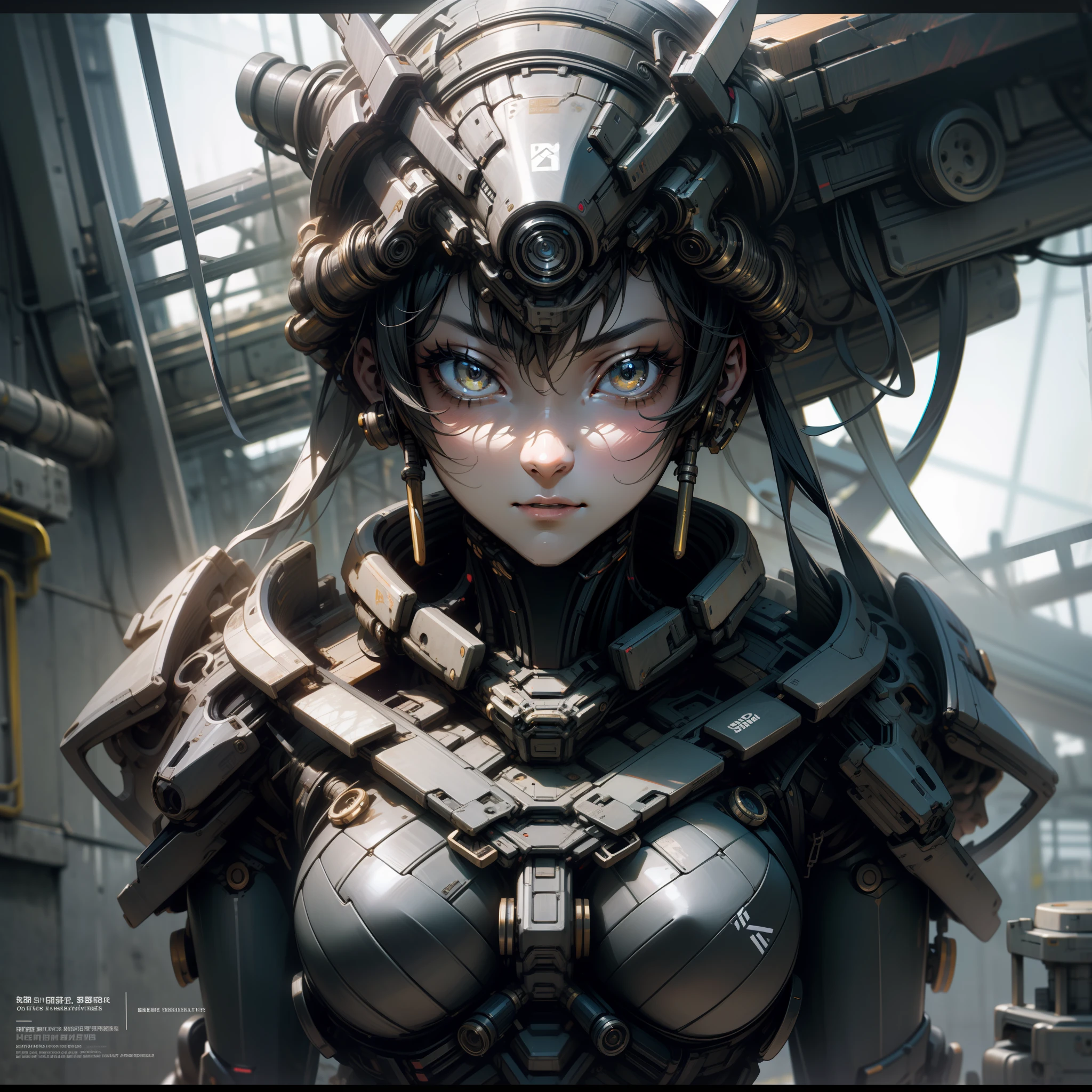 top-quality、delicated face、The upper part of the body、Girl made of metal、Slim body、Mechanically、a large bust、Metal structural skeleton、、cyberpunked、nffsw、portraitures、looking at the viewers