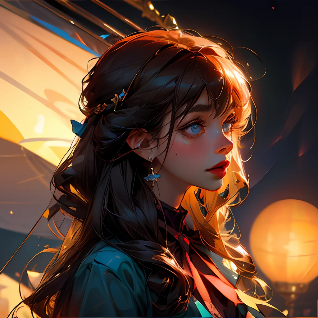 (extremely delicate and beautiful: 1.2), 1girl, bangs, blue eyes, blur, blur background, bow, brown hair, shut up, side view, hair between eyes, hair bow, lantern, light particles, long sleeves, look looking at audience, medium hair, night, red bow, solo, stars\(symbol\), upper body, smile, red lips --auto