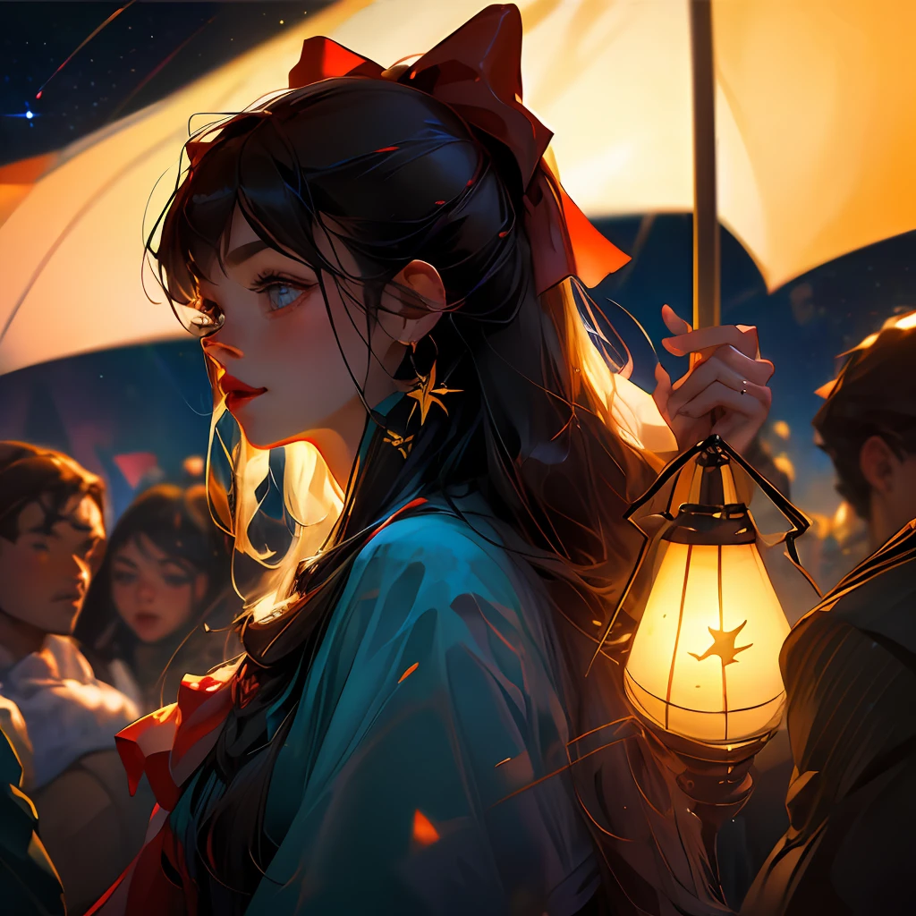 (extremely delicate and beautiful: 1.2), 1girl, bangs, blue eyes, blur, blur background, bow, brown hair, shut up, side view, hair between eyes, hair bow, lantern, light particles, long sleeves, look looking at audience, medium hair, night, red bow, solo, stars\(symbol\), upper body, smile, red lips --auto