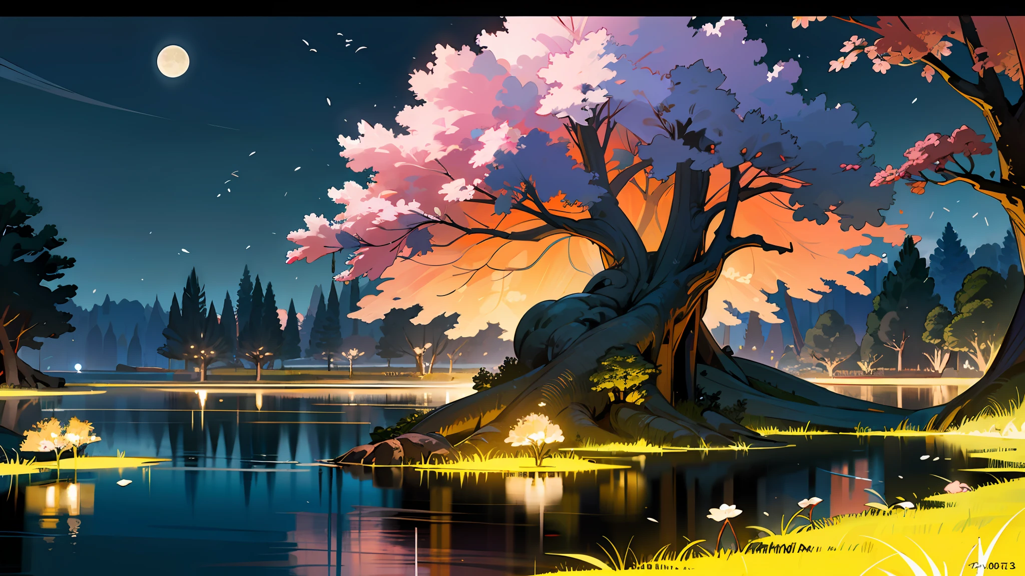 (Masterpiece 1.3, 8k resolution, ultra-realistic, very detailed), (Intricate Detail), Detailed Background, Realistic Photo, Sharp Focus: 1.2, Perfect + Slender Style, ((1 boy's silhouette), (1 yae miko sit under the big tree beside the lake looking at the moon) 2 persons little in scene), [full body, landscape, ((forest of cherry blossom trees, lakeside, at night, fireflies, 1 big trees, dynamic lights, dynamic angle, the most beautiful form of chaos, (vivid colours)), (full moon))]