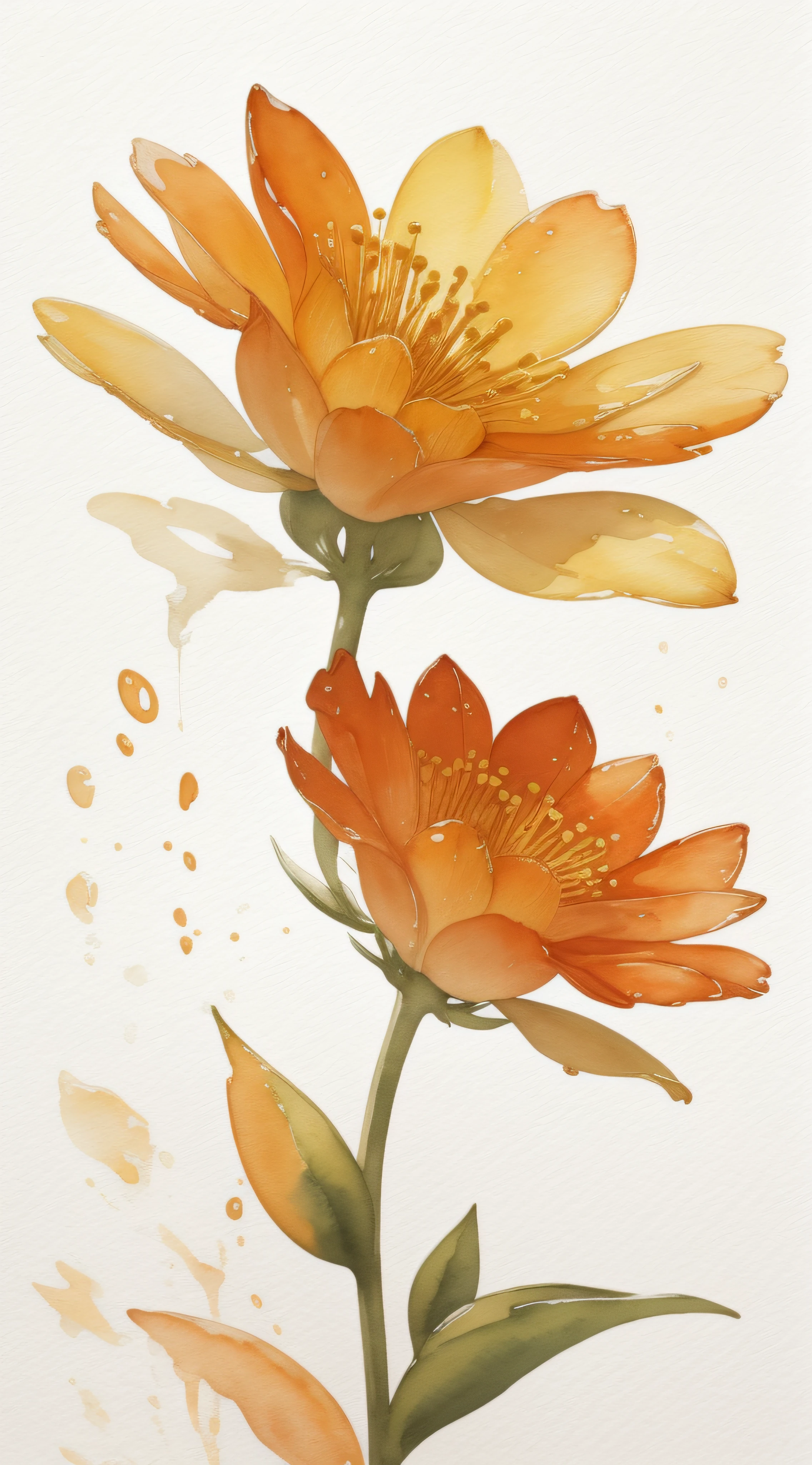 Watercolor flower painting isolated on white background、watercolor paiting、Splash technique to reproduce wet conditions、Blurry atmosphere、Unique composition、Abstract representation、Contains elements of surrealism、Pale tones、Pale orange and gold color scheme、high resolution details、Ink splash effect、Pale colors。