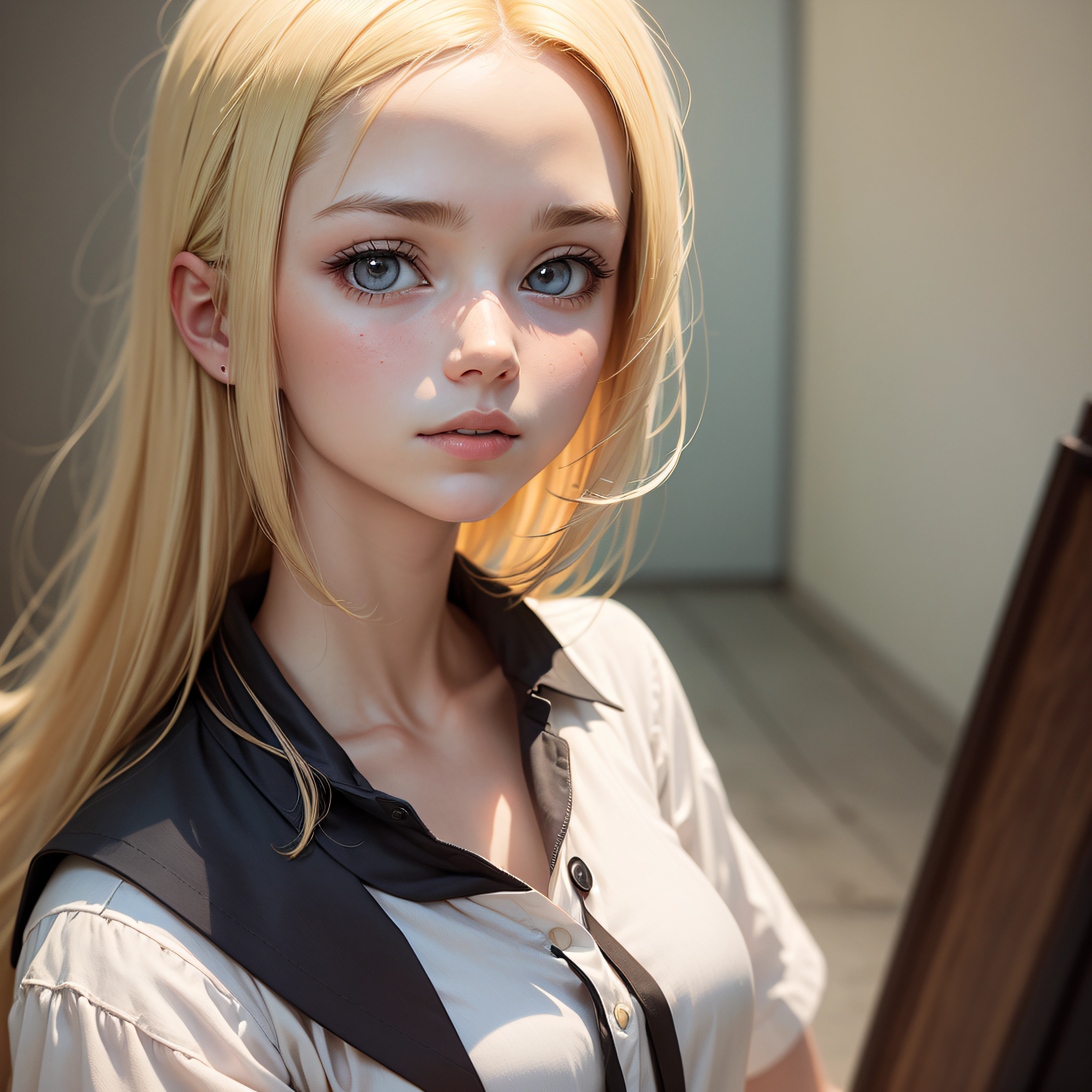 portrait of a blonde girl in a white shirt, Ghibli-like colours --auto