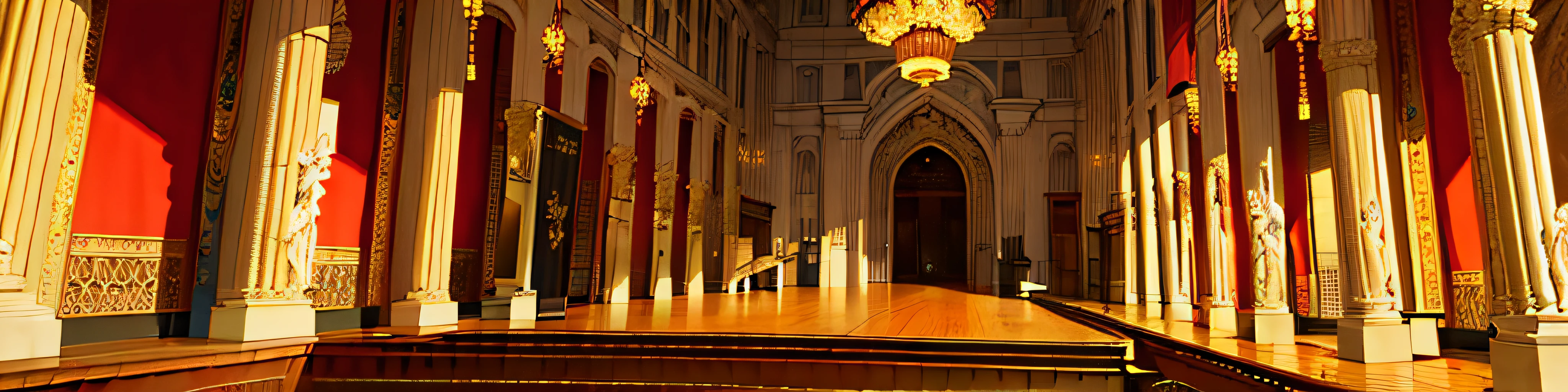 (best quality,masterpeace),wide shot,
A grand hall, dripping with Gothic opulence and draped in silk banners bearing ancient sigils, intricately carved masks, adorned with glistening black jewels, sinister elegance, blood-red velvet, flickering candlelight
,(perfect composition, best exposition, golden ratio)
, muted color, dramatic,cinematic lighting, trending on artstation,trending on CGSociety,immense detail,
