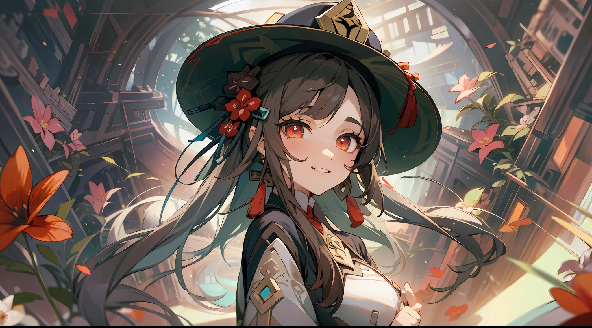 (((masterpiece))), 4k res, highly detailed, (((extremely detailed eyes))), detailed background, cinematic lighting, crystal clear eyes, 1girl, high quality, highres, ultra-detailed, 8k, best quality, 1girl, solo,  shadow, backlighting, light particles, Thick Eyelashes, Wide Sleeve, thick thighs, (masterpiece:1.3), (the best quality:1.2), (super fine illustrations:1.2), (Masterpiece), high quality, high detail,(SOLO:1.4),((round image)),[(cyberpunk:1):5], look at viewer, cyberpunk,{hands hidden}, {{{hands in pockets}}},{{hands in sleeves}}, whole body, hair ornament, from above, hu tao (genshin impact), hat, flower on hat,brown hair, twintails, red eyes, flower-shaped pupils, evil grin, cowboy shot, small breasts,