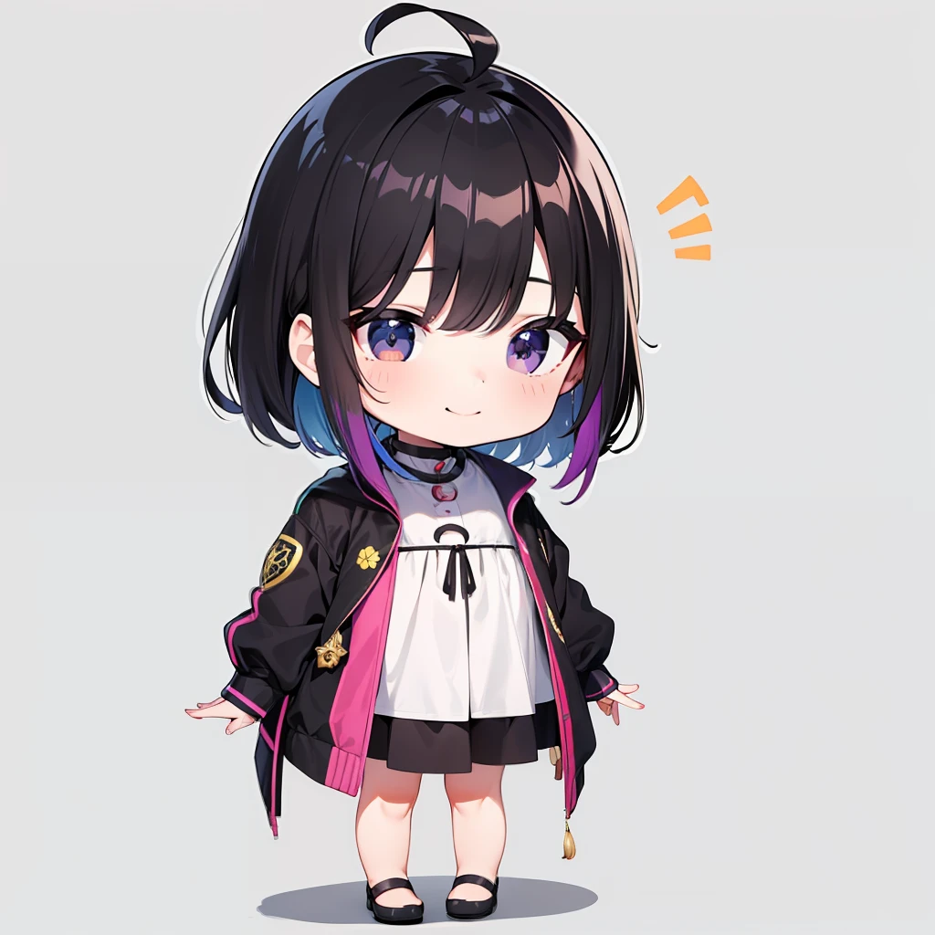 超A high resolution, nffsw, Best aesthetic, Best Quality, masutepiece, Flat Avatar, Beautiful eyes、Perfect litthing、(colourfull、vivd colour: 1.4)、Ahoge、full body Esbian, Has iridescent hair,　Shorthair、　is shy, A smile, I'm wearing a jacket。hair adornments, Chibi, simple background, 耳环, jewely, side locks, large oval eyes,Flat Avatar,  simple background, A dark-haired,