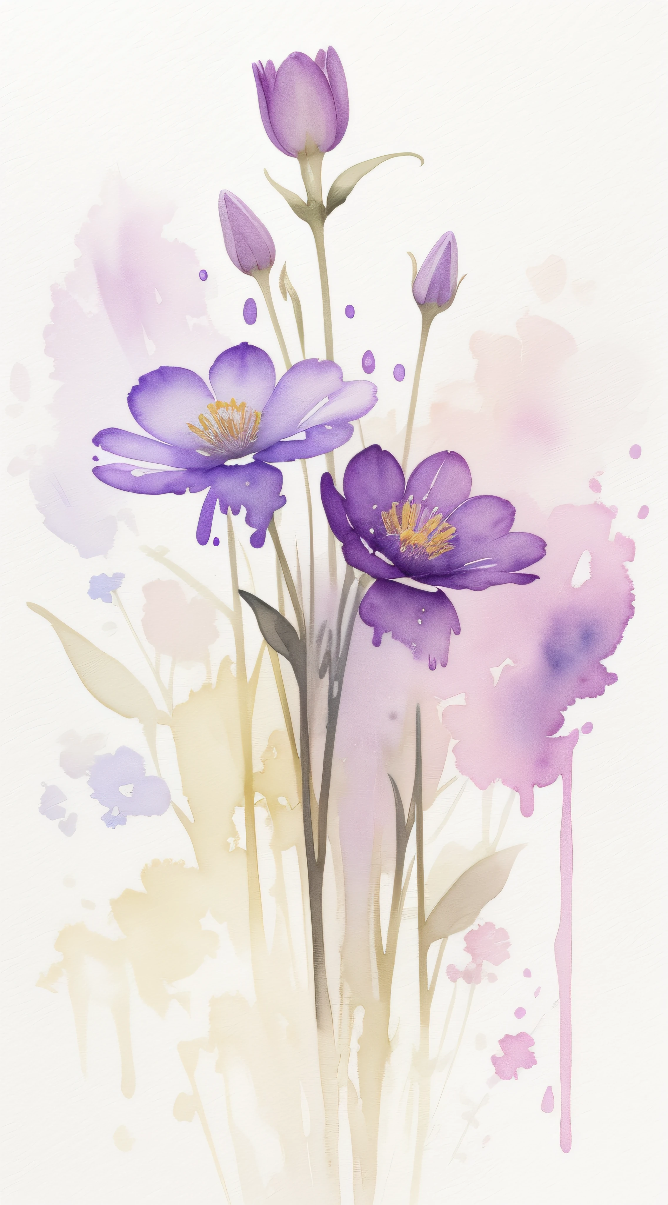 Watercolor flower painting isolated on white background、watercolor paiting、Splash technique to reproduce wet conditions、Blurry atmosphere、Unique composition、Abstract representation、Contains elements of surrealism、Pale tones、Light purple and gold color scheme、high resolution details、Ink splash effect、Pale colors。