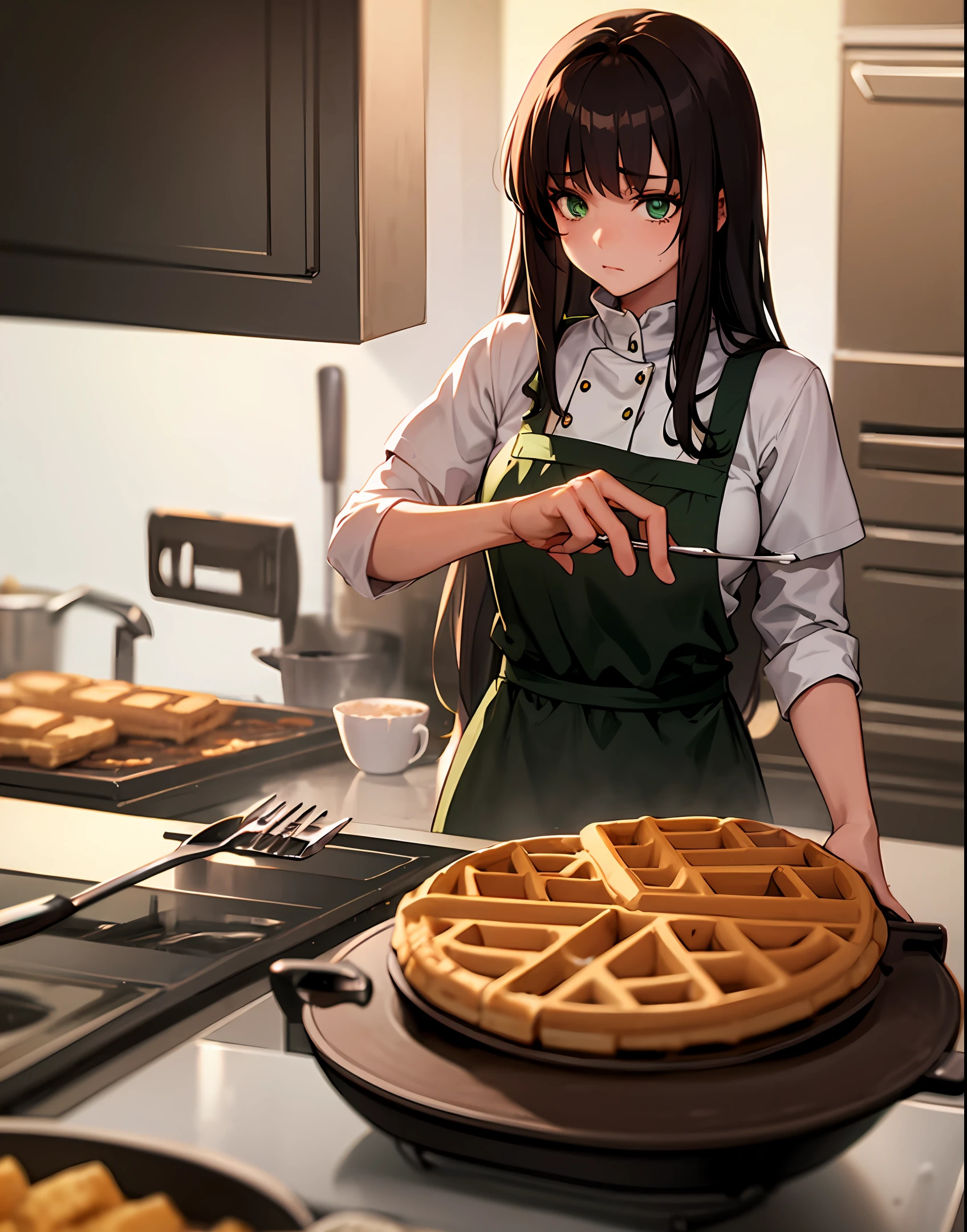 Brunette anime long hair green eyes cooking waffles. She messes up and they are over cooked and shes sad
