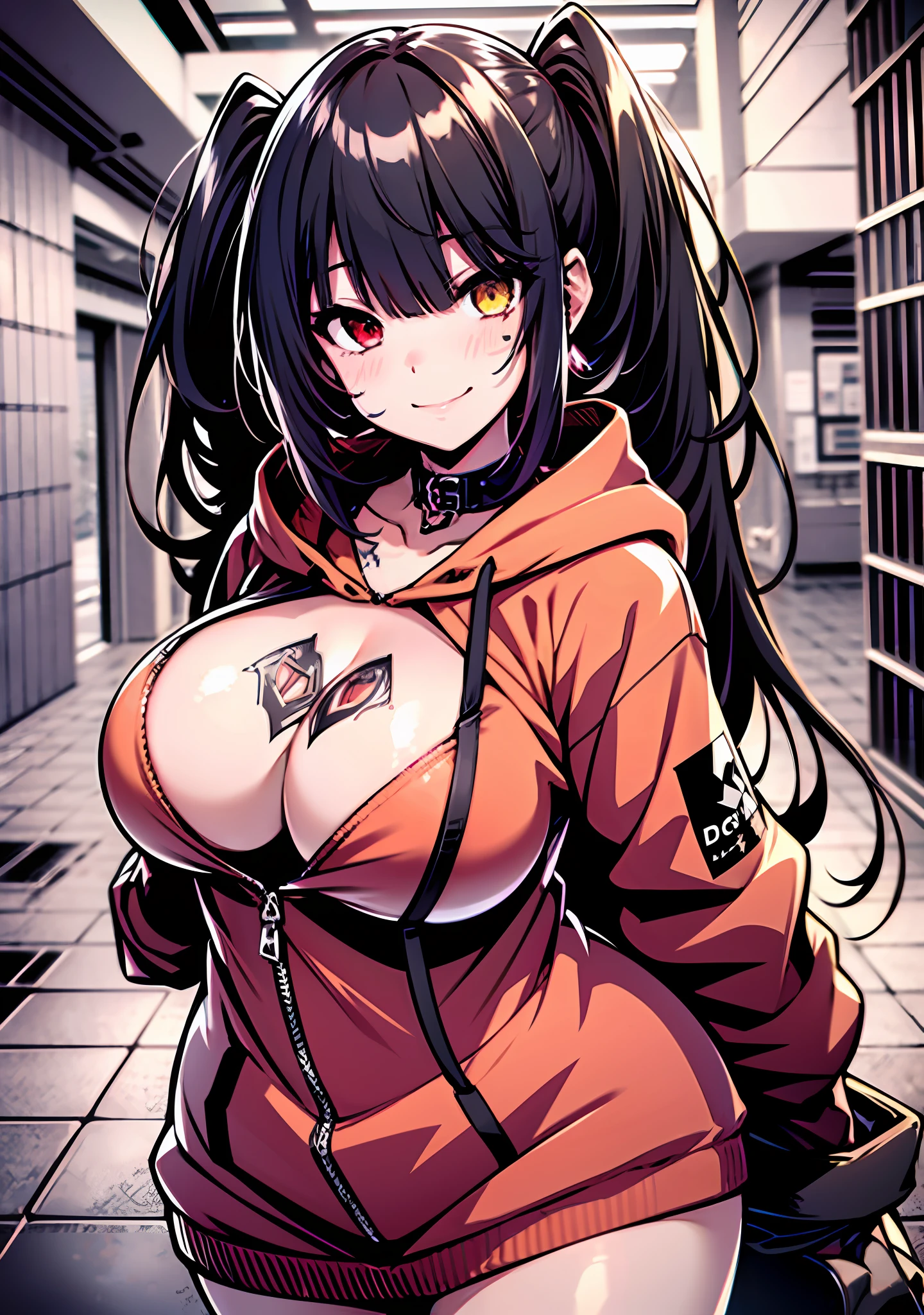 Masterpiece, high quality, ultra quality, best lighting, 1girl, ((tokisaki kurumi)), tokisaki kurumi, long hair, black hair, low twintails, monochrome, ((right red eye:1, left yellow eye:1)), Hoodie, ((Hoodie)), ((big breast)), ((big thigh)), smile, blush, cute face, ((gesugao face)), standing, sexy body, sexy, tattooed full body, looking at viewer, large the breast, nsfw, (((cybercrime)))