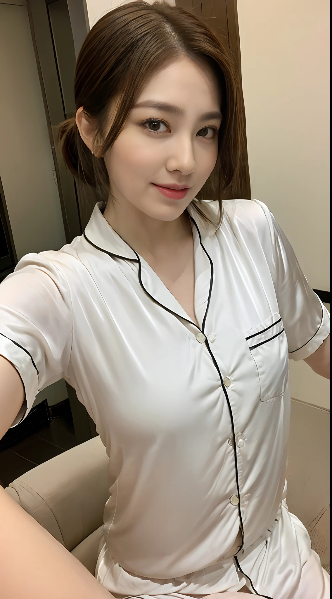 ((top-quality))、1 female、Beautiful girl emphasizing feminine abs:1.3、huge tit:1.2、(Shiny silk、Silver pajamas)、(poneyTail、)hyperdetailed face、High detailed lips、A detailed eye、二重まぶた