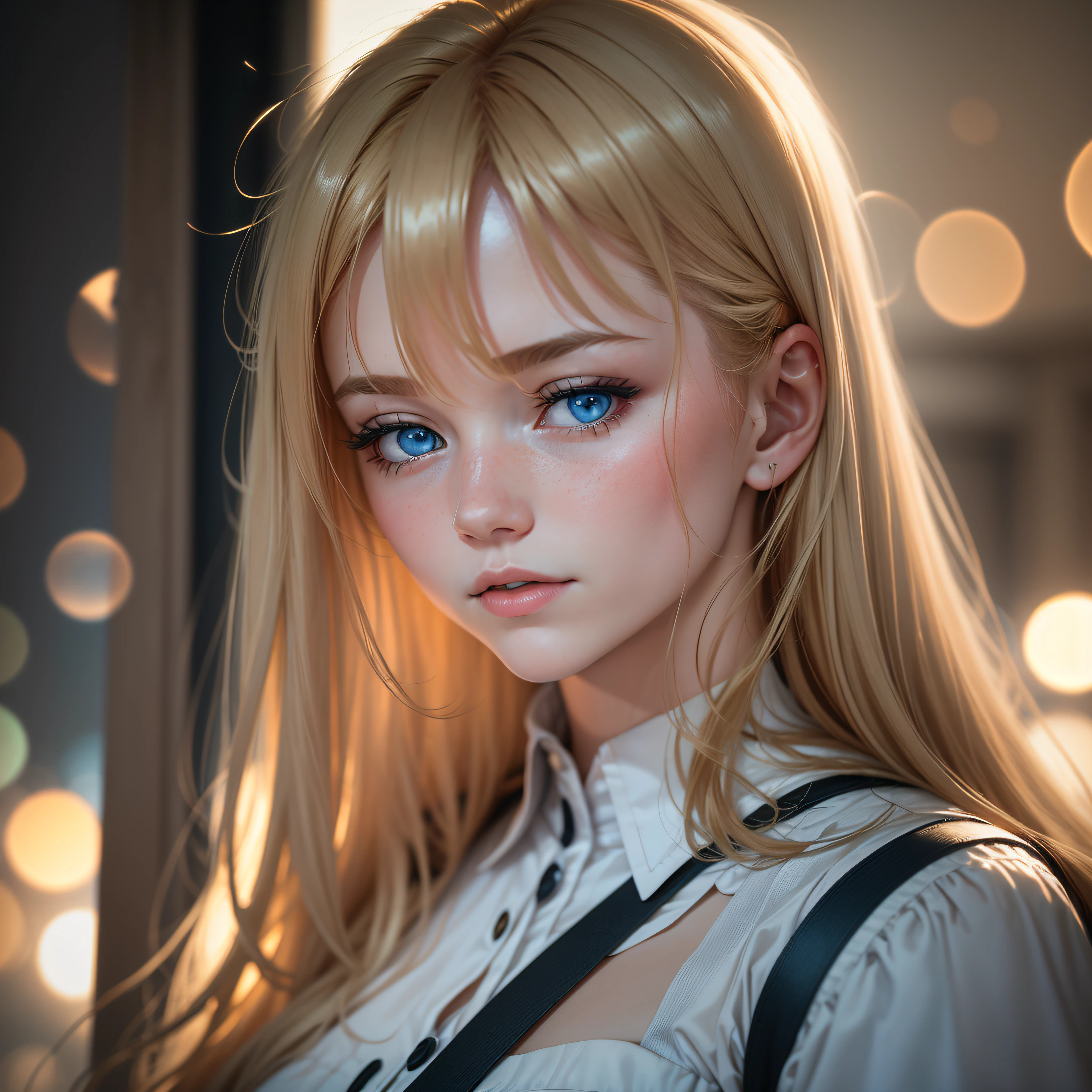 portrait of a blonde girl in a white shirt, Ghibli-like colours --auto