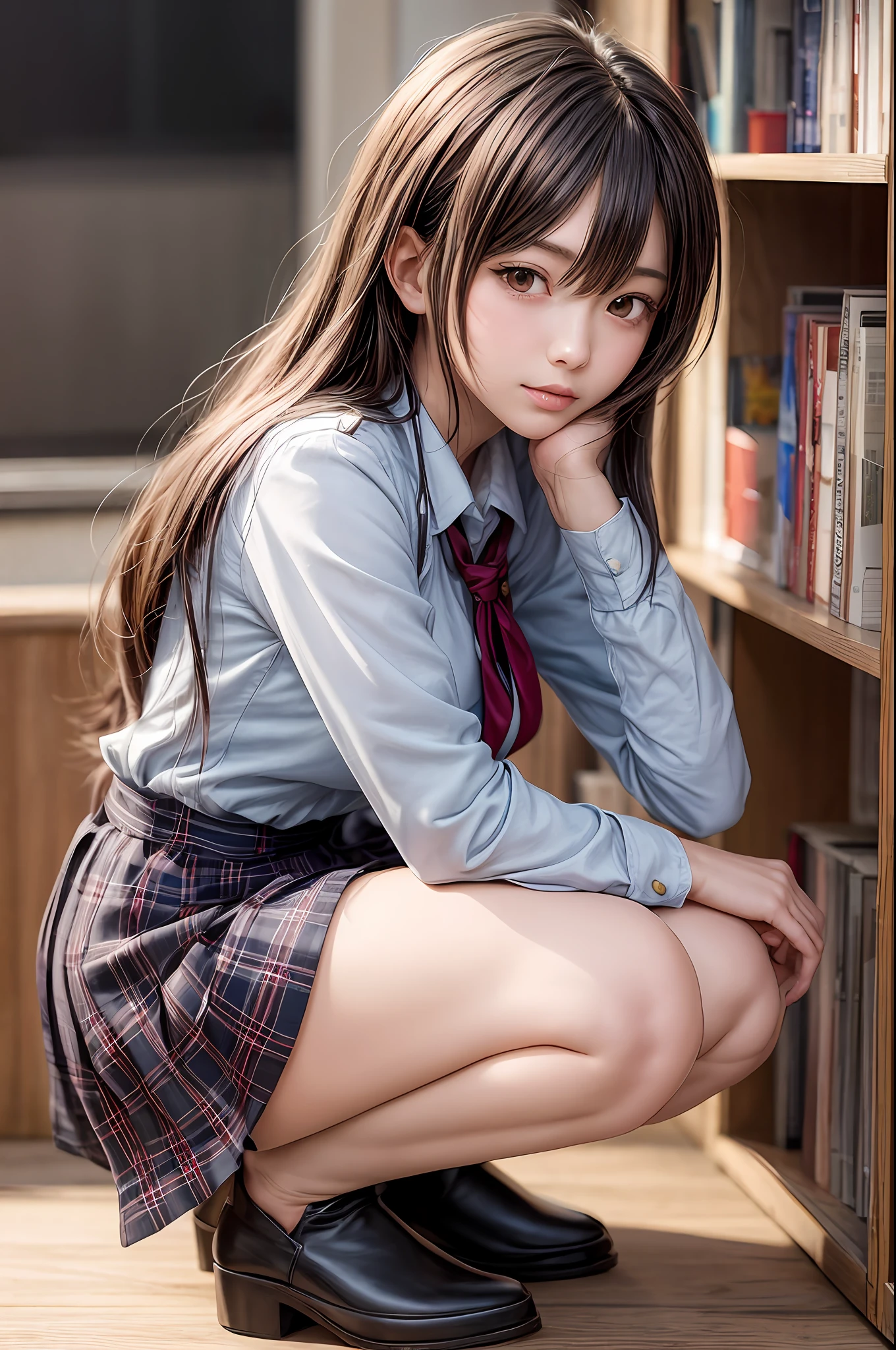 Årafed woman in uniform sitting on a shelf, a hyperrealistic schoolgirl, real life anime girl, Anime girl cosplay, Seductive Anime Girl, beautiful anime girl squatting, a hyperrealistic schoolgirl, beautiful anime high school girl, charming anime girls, the anime girl is crouching, photorealistic anime, beautiful alluring anime teen