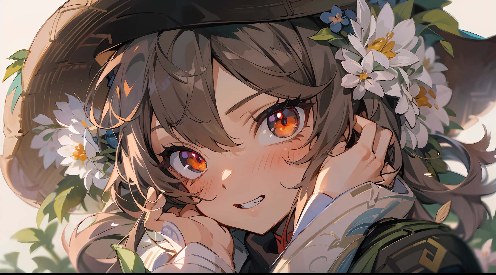 (((masterpiece))), 4k res, highly detailed, (((extremely detailed eyes))), detailed background, cinematic lighting, crystal clear eyes, 1girl, high quality, highres, ultra-detailed, 8k, best quality, 1girl, solo,  shadow, backlighting, light particles, Thick Eyelashes, Wide Sleeve, thick thighs, (masterpiece:1.3), (the best quality:1.2), (super fine illustrations:1.2), (Masterpiece), high quality, high detail,(SOLO:1.4),((round image)),[(cyberpunk:1):5], look at viewer, cyberpunk,{hands hidden}, {{{hands in pockets}}},{{hands in sleeves}}, whole body, hair ornament, from above, hu tao (genshin impact), hat, flower on hat,brown hair, twintails, red eyes, flower-shaped pupils, evil grin, cowboy shot, small breasts,