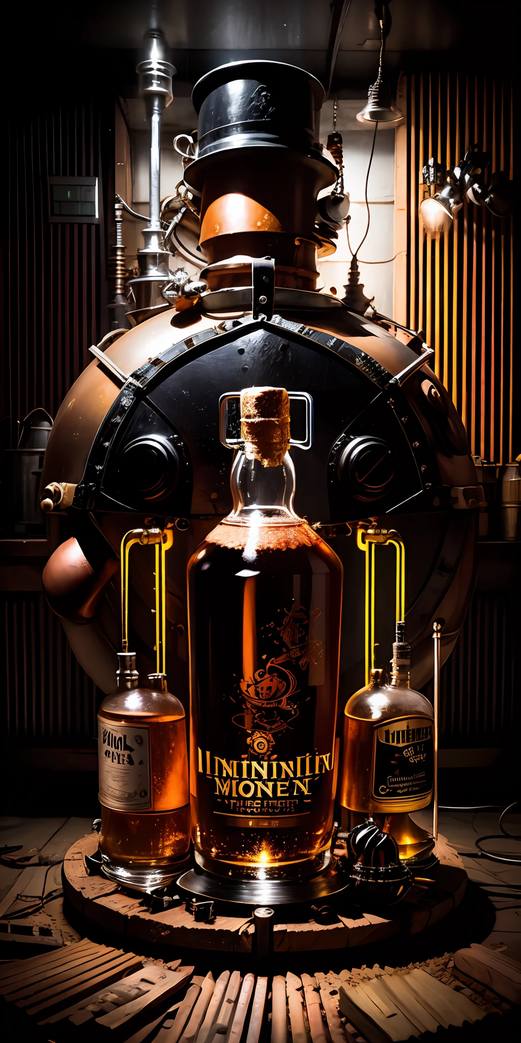 obra maestra, artefacto destilador de whiskey,  taberna clandestina, Steampunk moonshine whisky intrincada maquinaria,  realista, hermoso, Neon Noir Lighting, Kinematic, Epic Quality