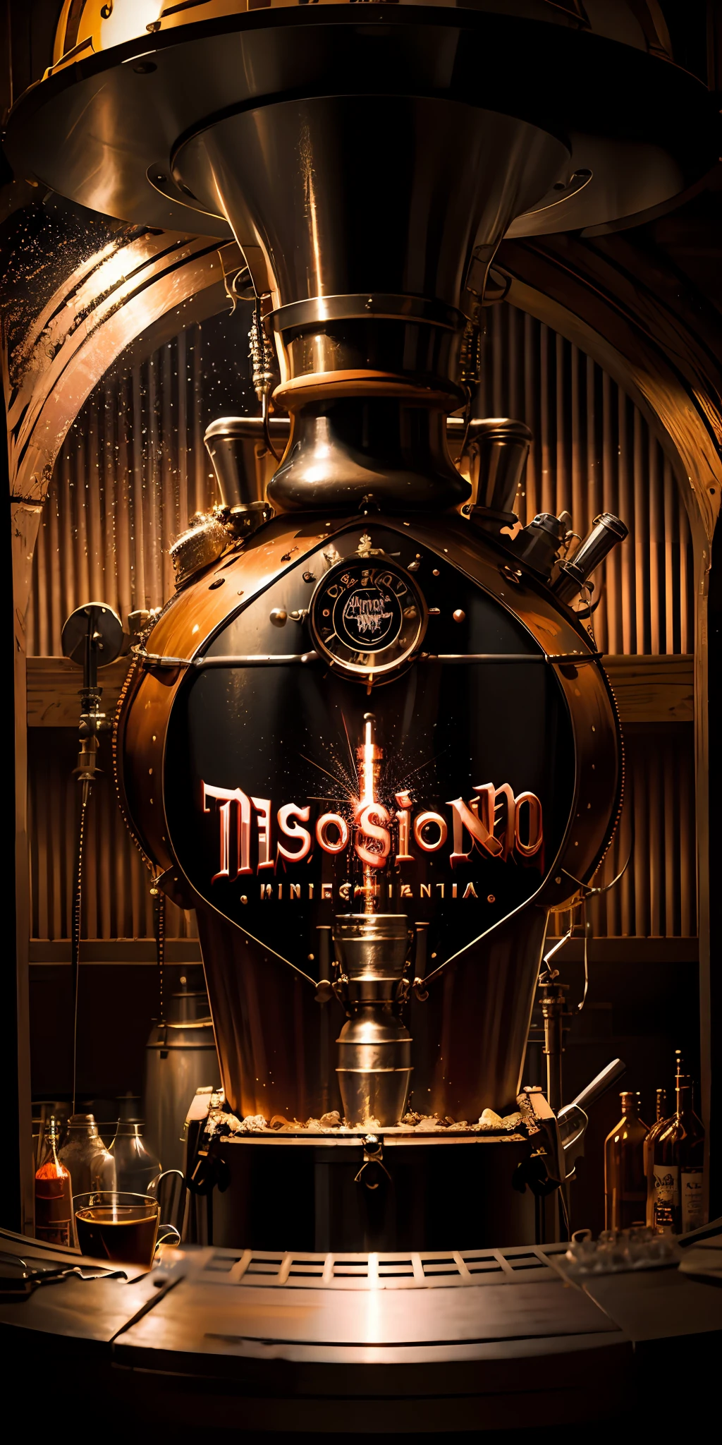 obra maestra, artefacto destilador de whiskey,  taberna clandestina, Steampunk moonshine whisky intrincada maquinaria,  realista, hermoso, Neon Noir Lighting, Kinematic, Epic Quality