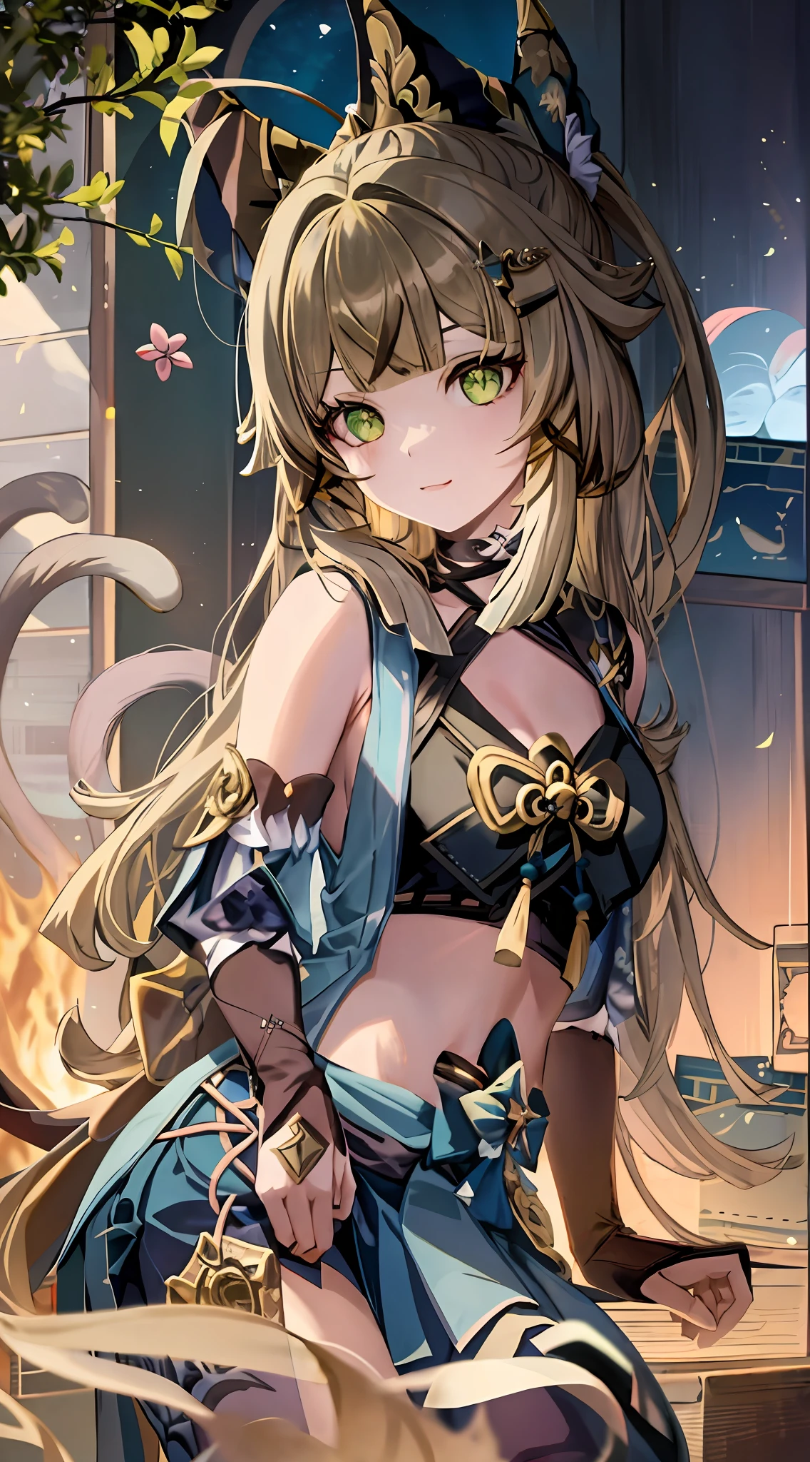Anime girl with long hair and cat ears in a blue dress, Anime goddess, beautiful anime catgirl, Very beautiful anime cat girl, Ayaka Genshin impact, Keqing from Genshin Impact