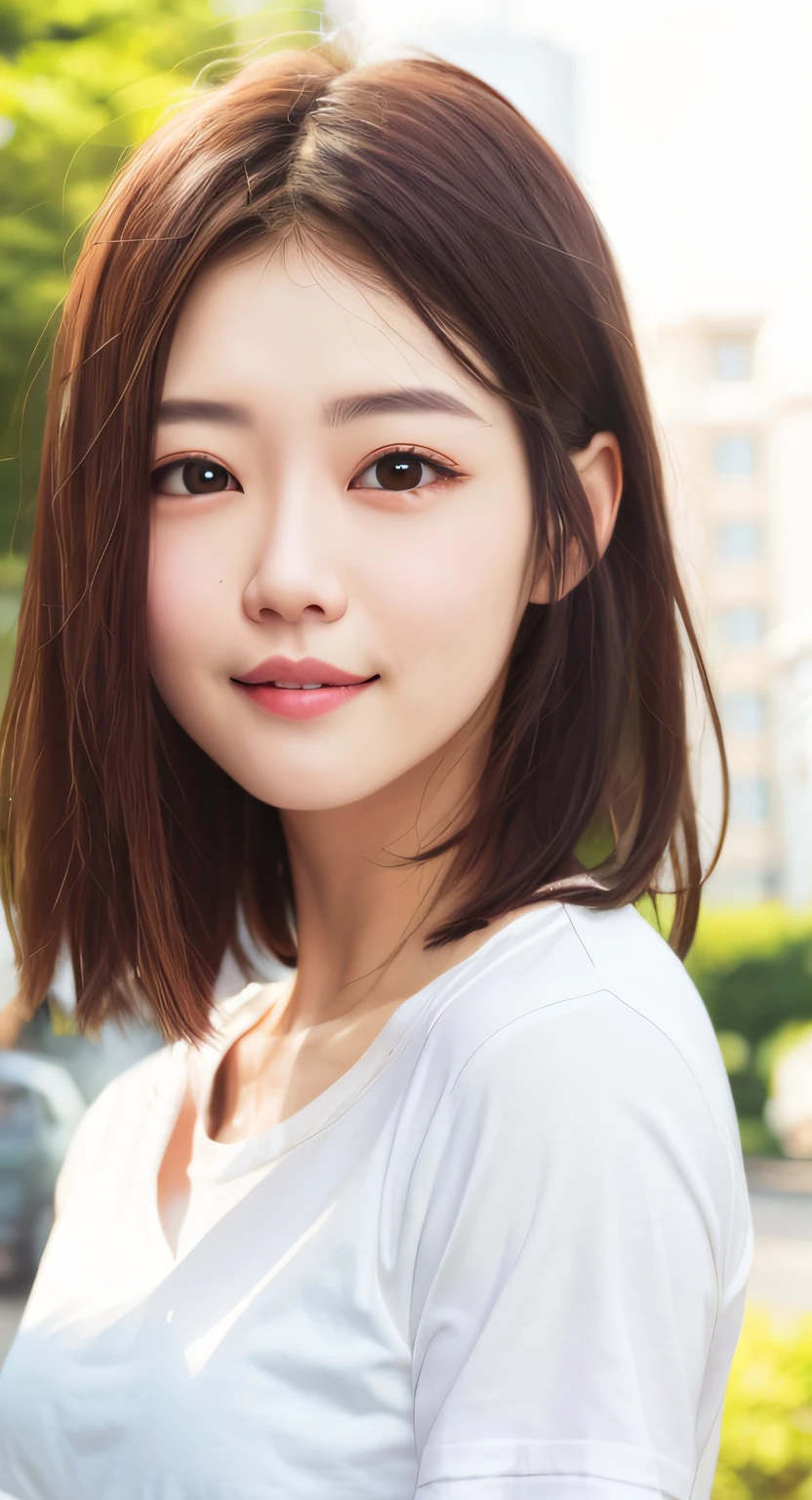 smile、white shirt、A dark-haired、a park