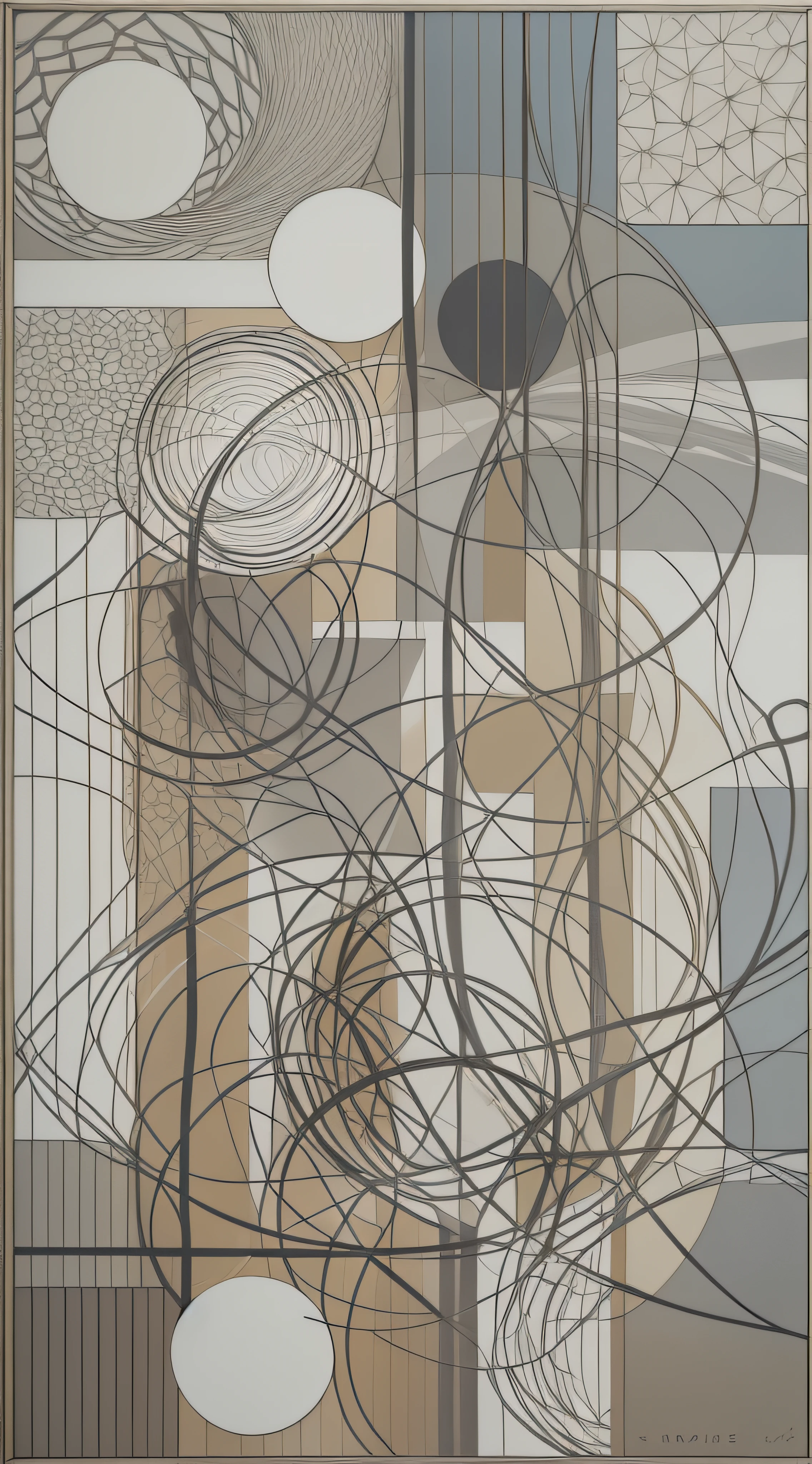 Create a neutral modern wall art abstract composition that captures the essence of harmony through round lines intersecting at different angles. The artwork is、While demonstrating a contemporary aesthetic、It is necessary to evoke a sense of balance and tranquility.Use a color palette composed of neutral tones, shades of white, etc., Gray, Beige, or earthy tones. Make sure the intersecting lines are gracefully intertwined, Convey a sense of fluidity and interconnection.