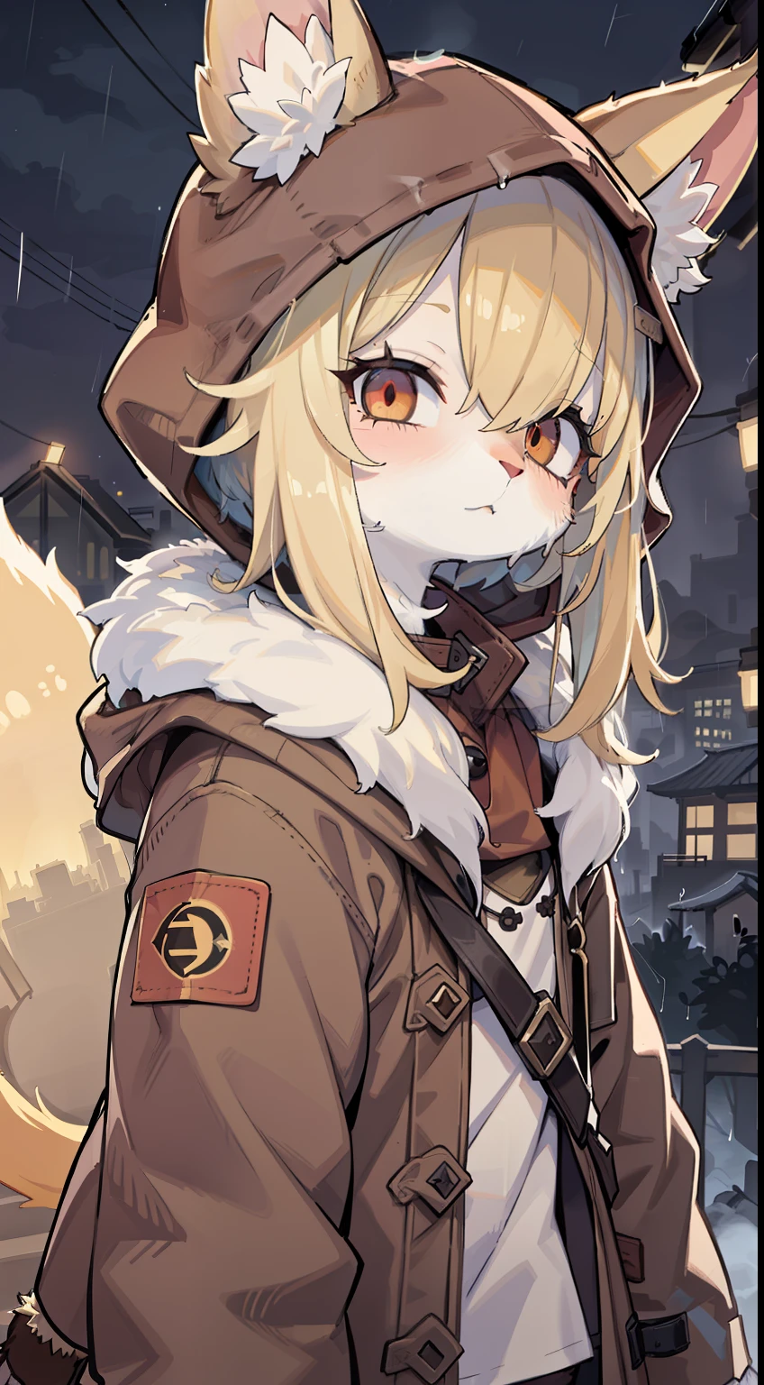 Fox Boy,hairy pubic,shaggy,Golden fur,Golden yellow face fur,Short straight blonde hair,Eyes have light,Red eyes,Super cute face,Brown elements on fur,Brown hooded coat,Beautiful lights and shadows,Ambient light,Ultra-fine fur,volumettic light,Night,natural lightting,Fluffy tail,nevando,Brown hood up,Night,starrysky,Background with (Post-apocalyptic Japan,mossy,destroyed city:1.2),rainy outside,Rained,Rained,raining mood,wash off in the rain,crossed bangs, Hairline, Shiny hair, lone nape hair, ,Dilated pupils,Sleepy,dark circles,