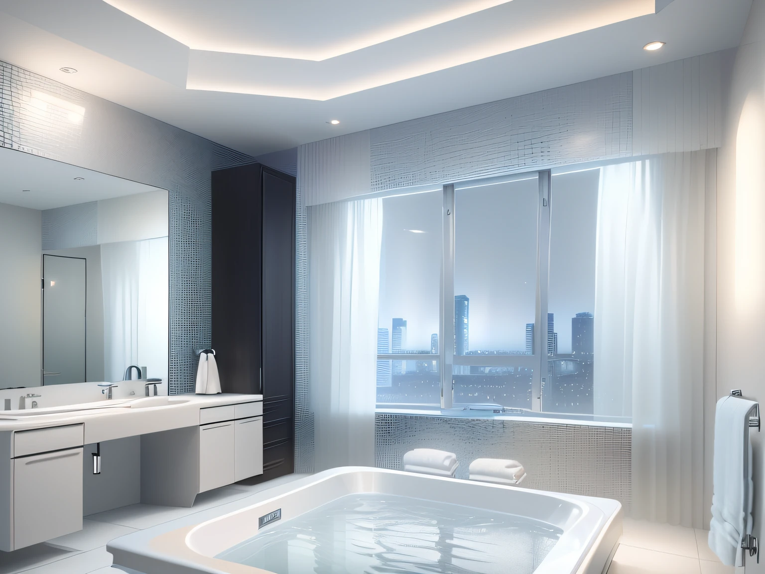 The bathroom with large windows has a bathtub, natural light in room, modern bathroom, luxury condo interior, interior of a bathroom, fancy apartment, with backdrop of natural light, filled with natural light, bottom angles, tinas, premium bathroom design, city apartment, floor - to - ceiling windows, Detailed natural lighting, Modern look, elegant minimalism