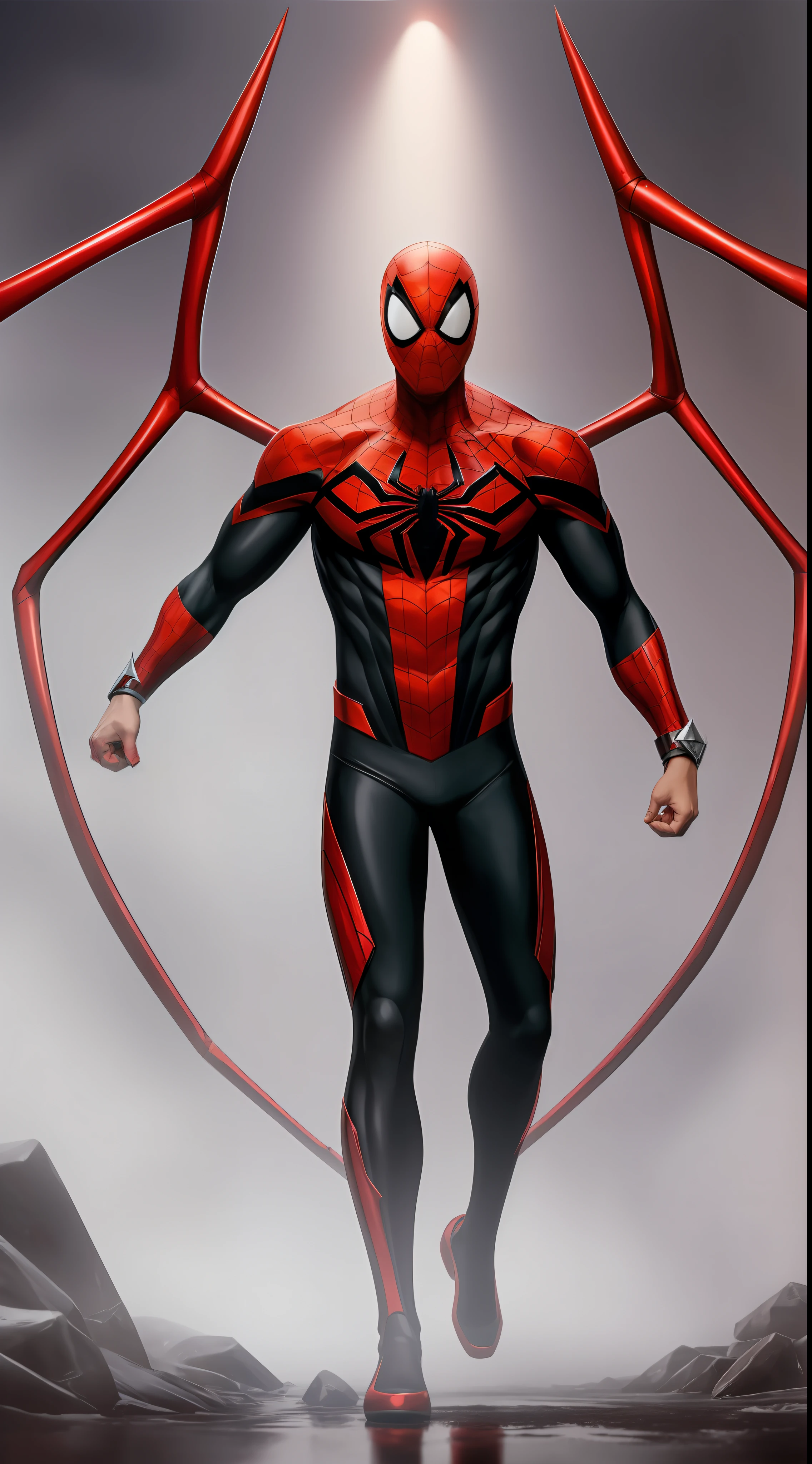 (((full body of male supspr))), (((four red metal legs))), (((silver bracelets))), (((sharp fingers))), a spider - man in a red and black suit, (((chasing))), 8k, unreal engine, octane render, by seunghee lee, Jang Tae-Hwan, Chocofing R, seungho lee, trending on pixiv, fanbox, skeb, masterpiece, smooth soft skin, big dreamy eyes, beautiful intricate colored hair, symmetrical, anime wide eyes, soft lighting, concept art, digital painting,NFT, Image easily separates the background