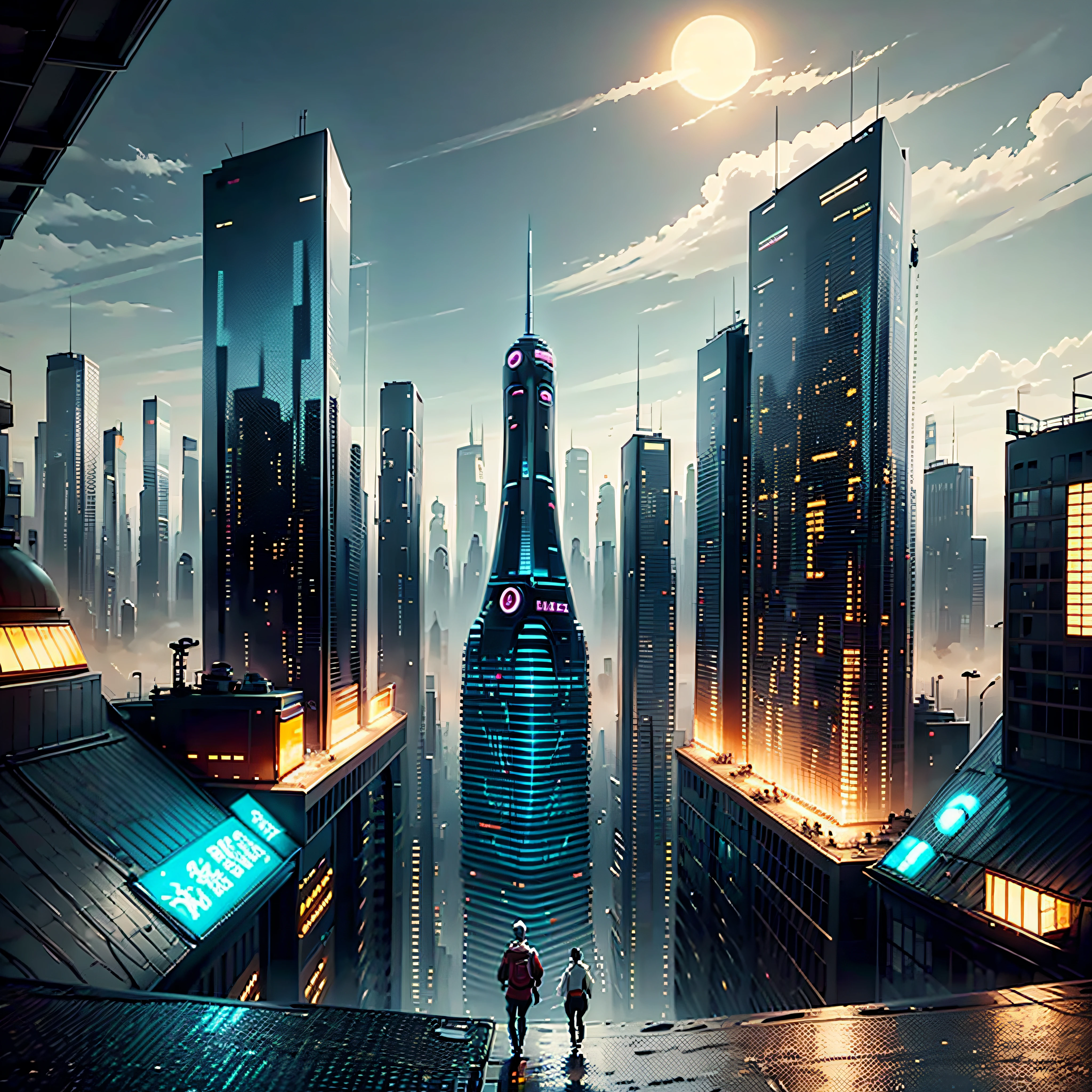 A vibrant, colorful view of Neo Tokyo, with a mix of traditional and futuristic elements, illuminated by a setting sun.