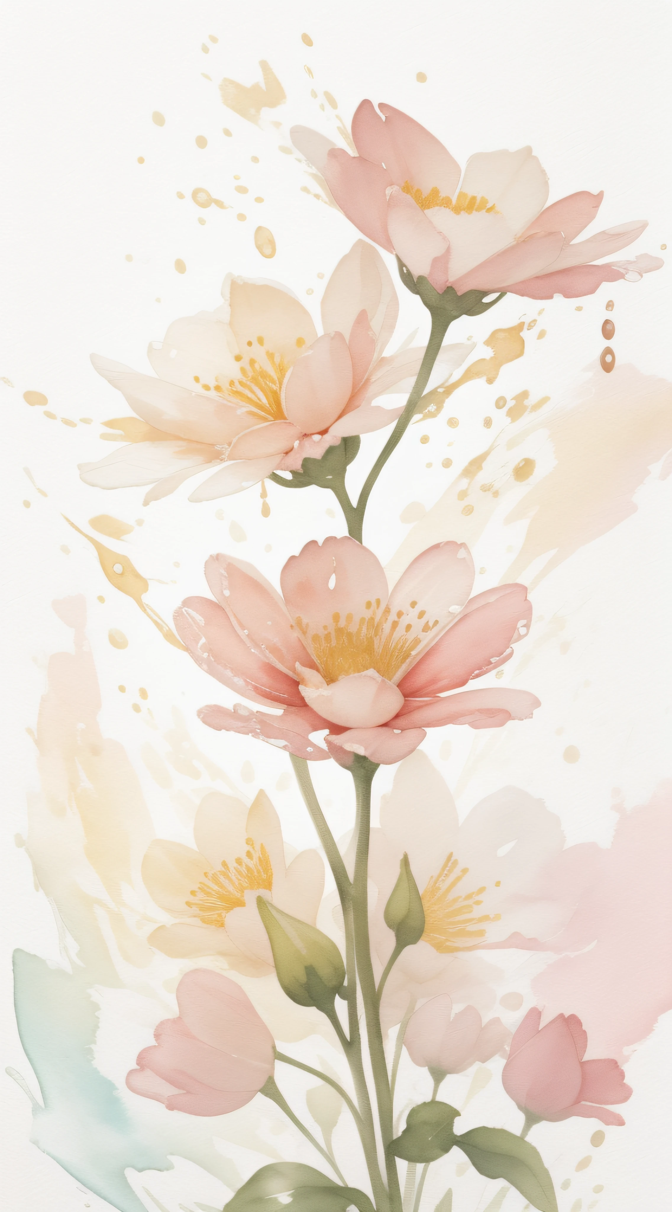 Watercolor flower painting isolated on white background、watercolor paiting、Splash technique to reproduce wet conditions、Blurry atmosphere、Unique composition、Abstract representation、Contains elements of surrealism、Pale tones、Pink and gold color scheme、high resolution details、Ink splash effect、Pale colors。