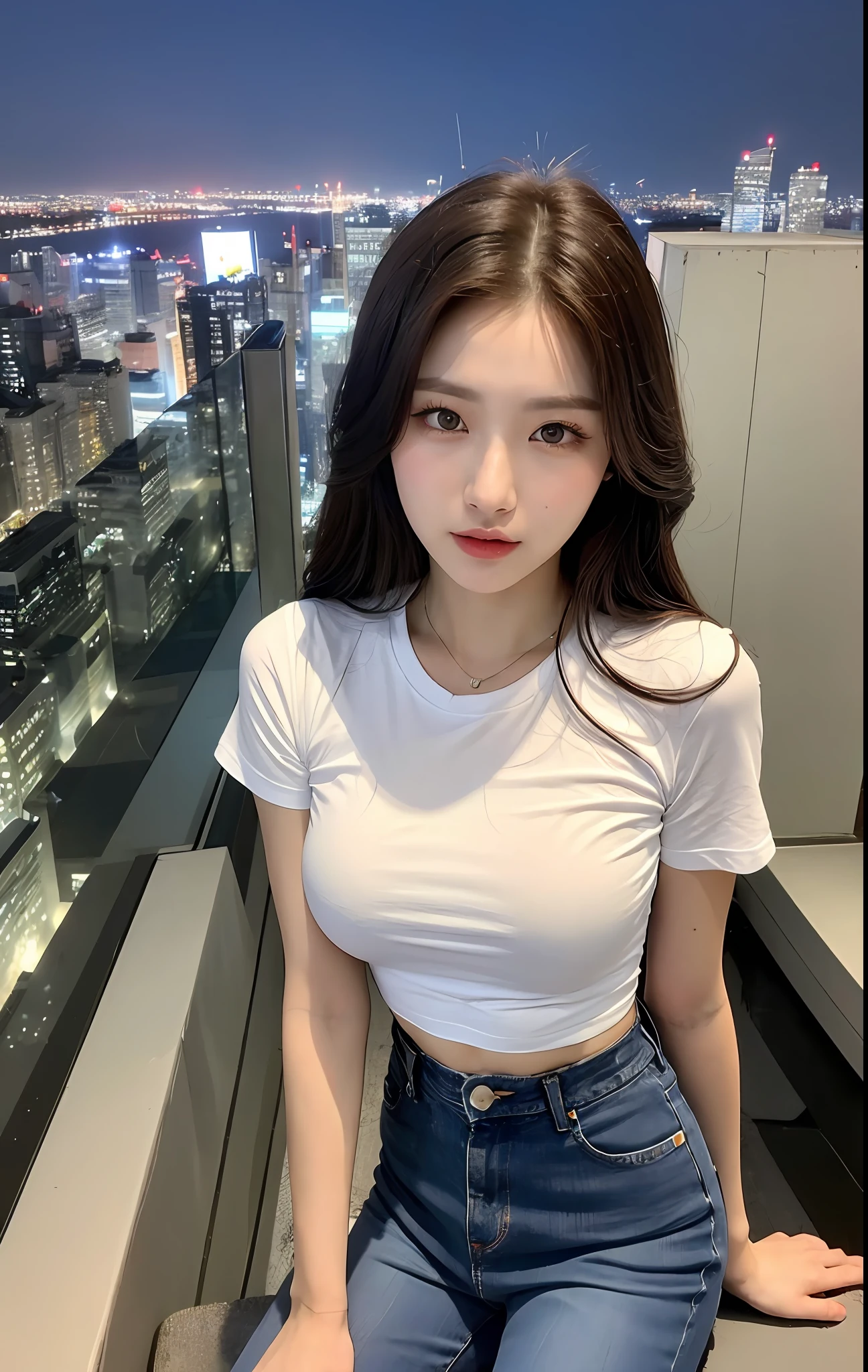((Midnight, Best quality, 8k, Masterpiece :1.3)), Whole body, Long legs, Sharp focus :1.2, A pretty woman with perfect figure :1.4, Slender abs :1.1, ((Dark brown hair, Big breasts :1.2)), (White tight tshirt, Jean bib, Standing:1.2), ((Night city view, Rooftop:1.3)), Highly detailed face and skin texture, Detailed eyes, Double eyelid
