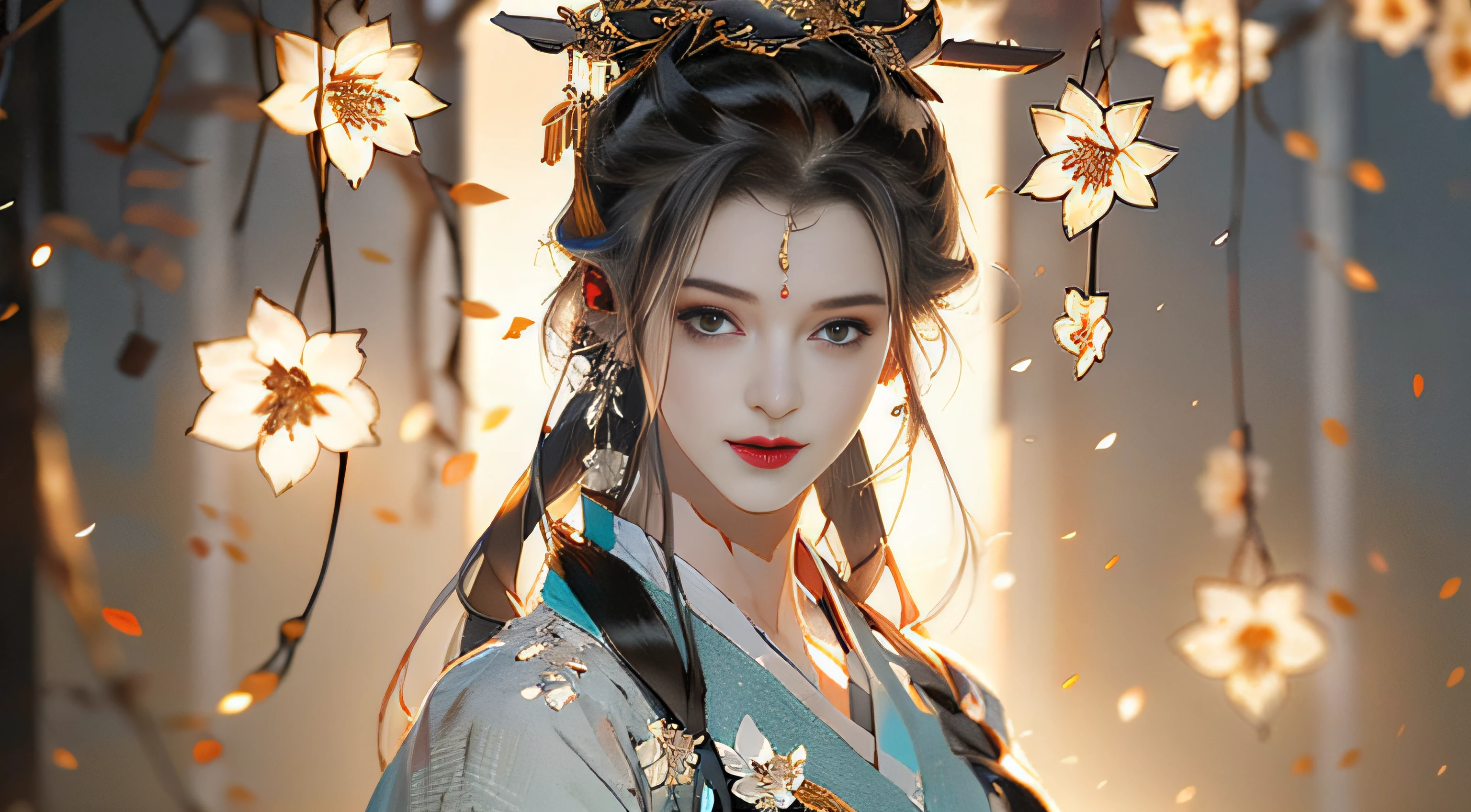 Beautiful details for girl，Very detailed eyes and face，Beautiful eye details，Super detailed，A high resolution，Very detailed，The best quality，illustration，Exquisite details，Best quality，Very detailed CG，8K wallpapers，A woman，woods，Long black hair，horsetail，Hanfu girl，blossoms，Complex textures，Streamers，navel，Shoulder，the complex background，Half body，Solo