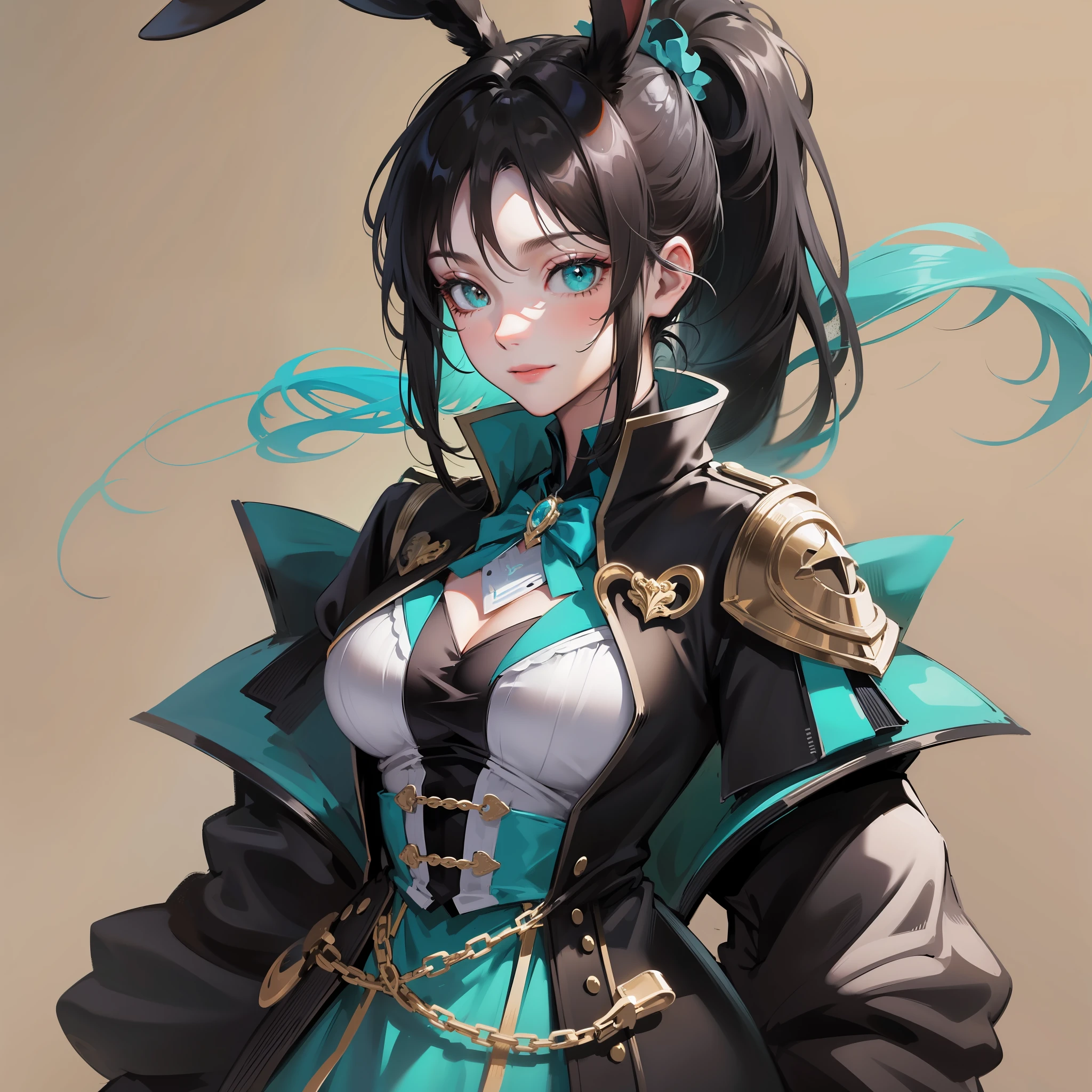 An adult woman, black hair with turquoise strands, gathered in a bun, rabbit ears and a ponytail, a black strict costume with lots of details, an empty look, a polite smile