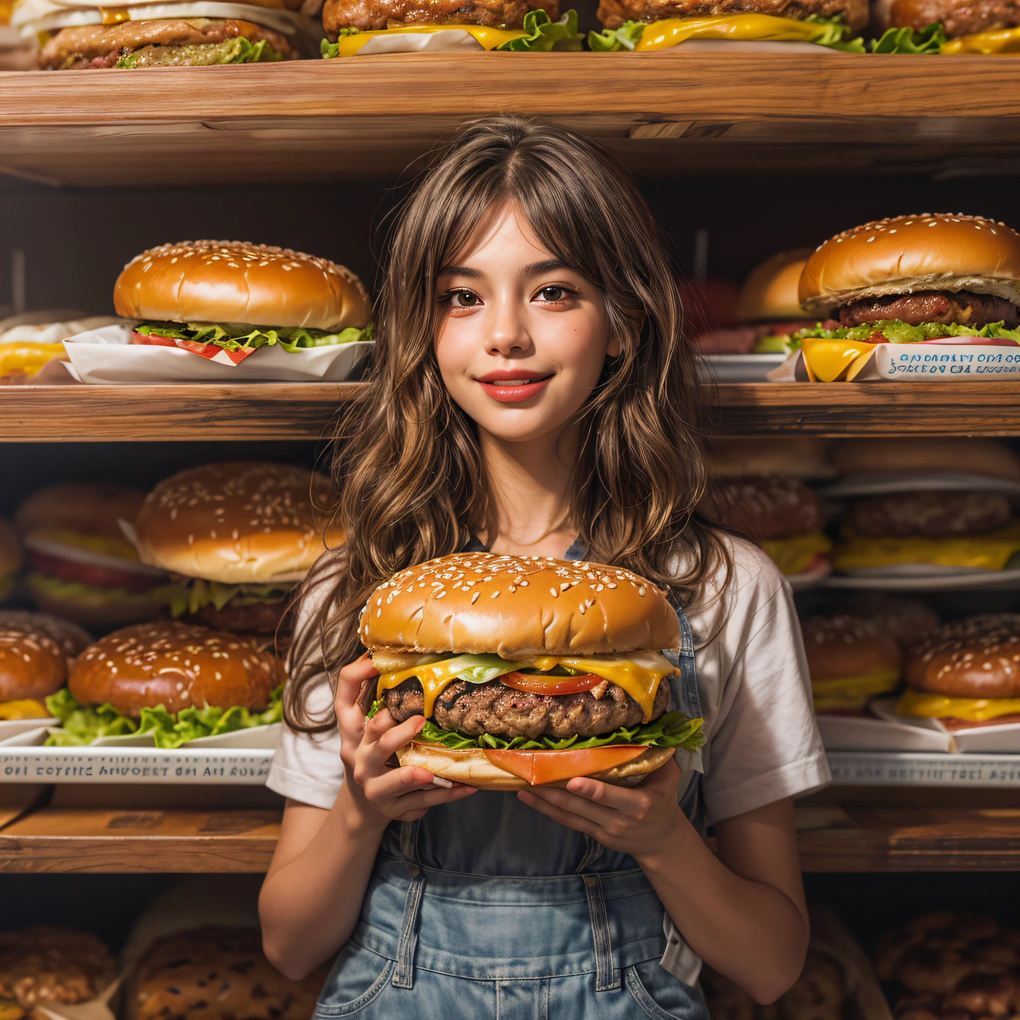 arafed girl holding a hamburger in front of a shelf of hamburgers, super realistic food picture, realistic style, eating burgers, realistic artstyle, realistic art style, realisticfood, girl in real life, realistic, serving burgers, realistic young girl, eating a burger, photorealistic girl ,