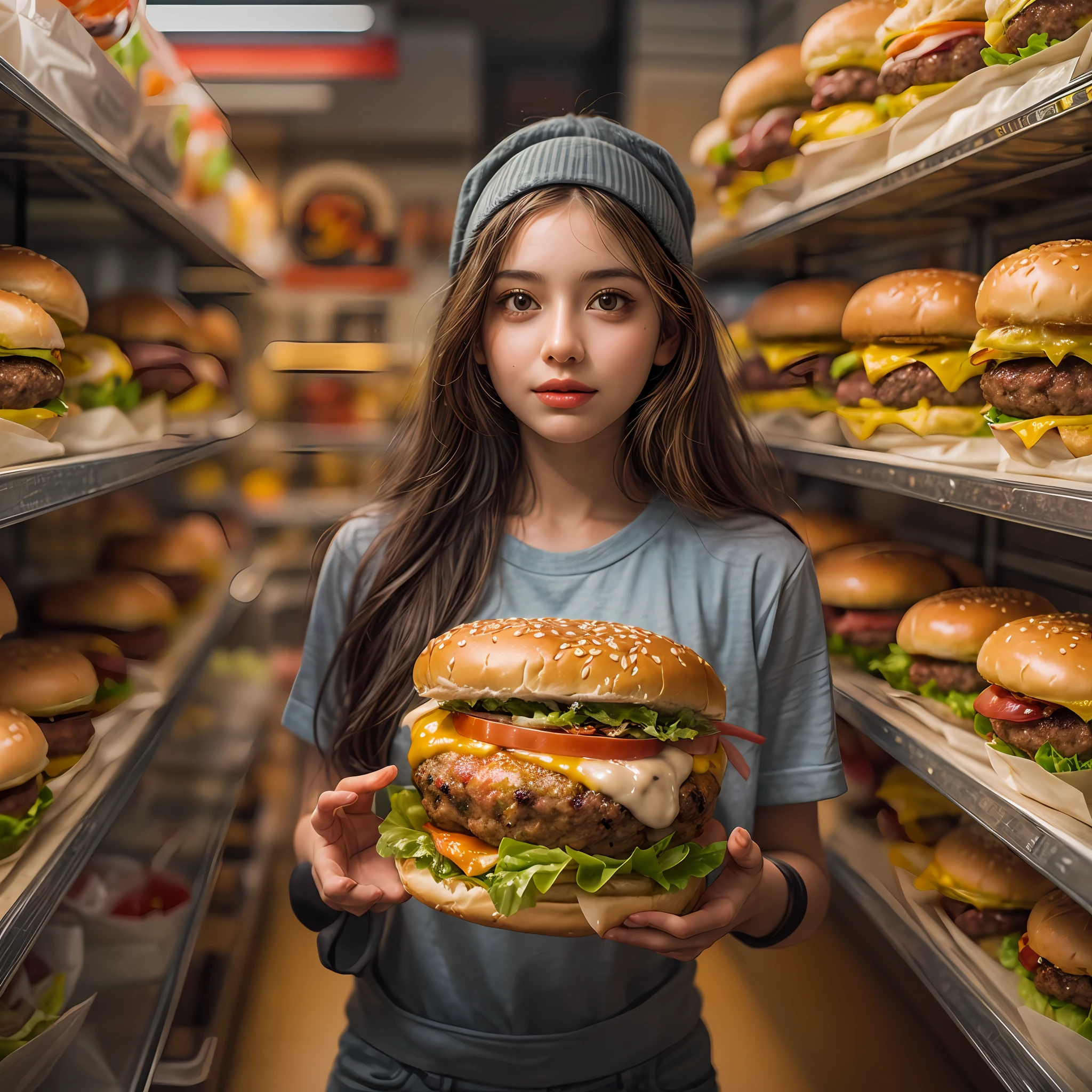 arafed girl holding a hamburger in front of a shelf of hamburgers, super realistic food picture, realistic style, eating burgers, realistic artstyle, realistic art style, realistic food, girl in real life, realistic lighting, serving burgers, realistic young girl, eating a burger, photorealistic girl ,